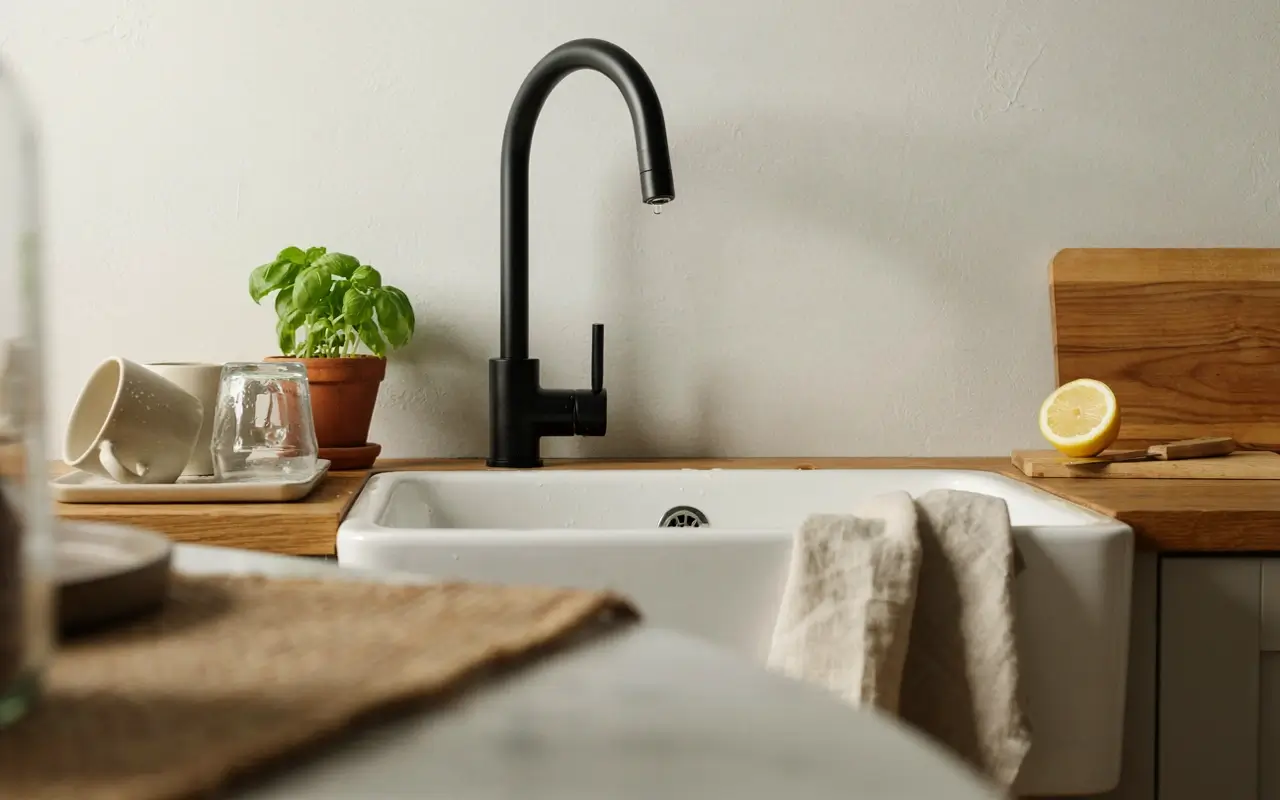 Matte black kitchen faucet over a white farmhouse sink with wood counters, herbs, and cutting board.