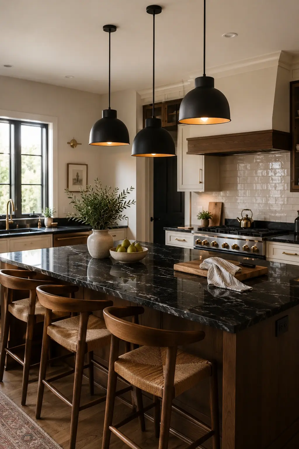 Three matte-black pendant lights over a black granite kitchen island with wood stools and warm brass accents.