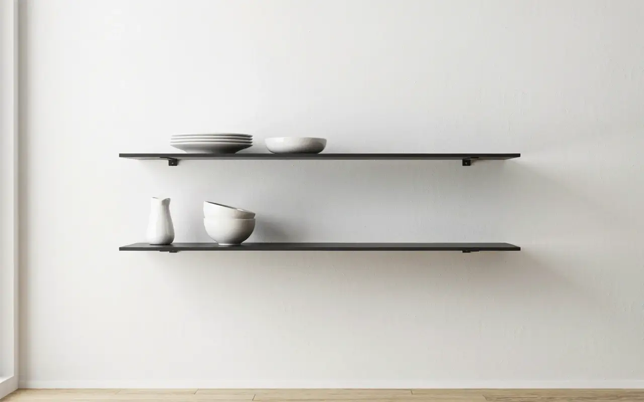 Matte black steel floating shelves on a white wall with simple white dishes for a clean modern kitchen look.