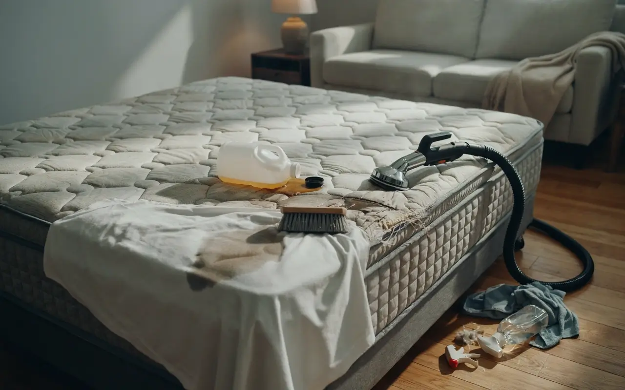 Alt Text: Wet, stained mattress with spilled cleaner, brush and steam-cleaning tool, showing deep-cleaning mistakes to avoid.
