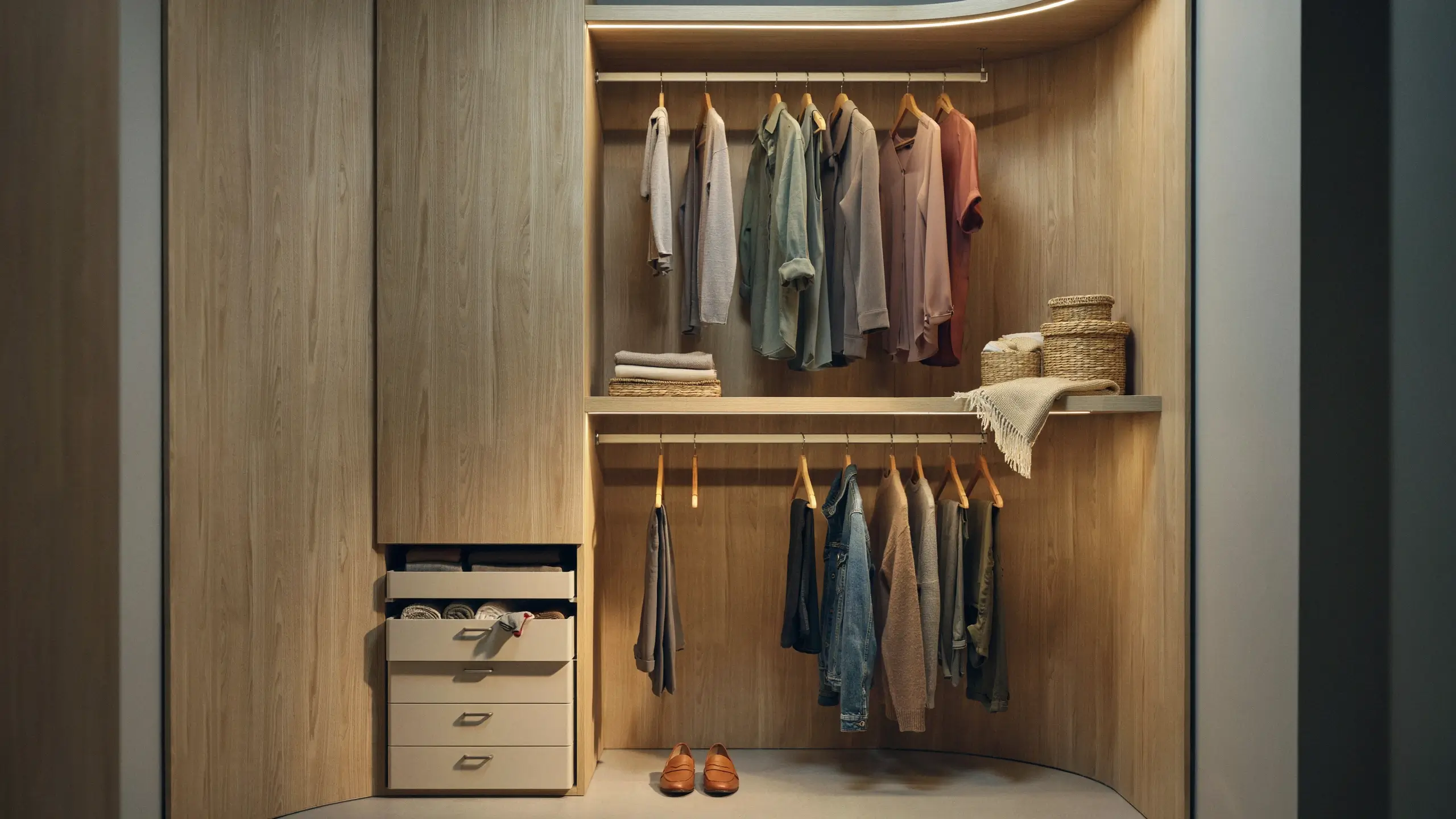 Light wood built-in wardrobe utilizing full vertical height with dual hanging rods, white drawer stacks, and woven baskets for optimized closet storage