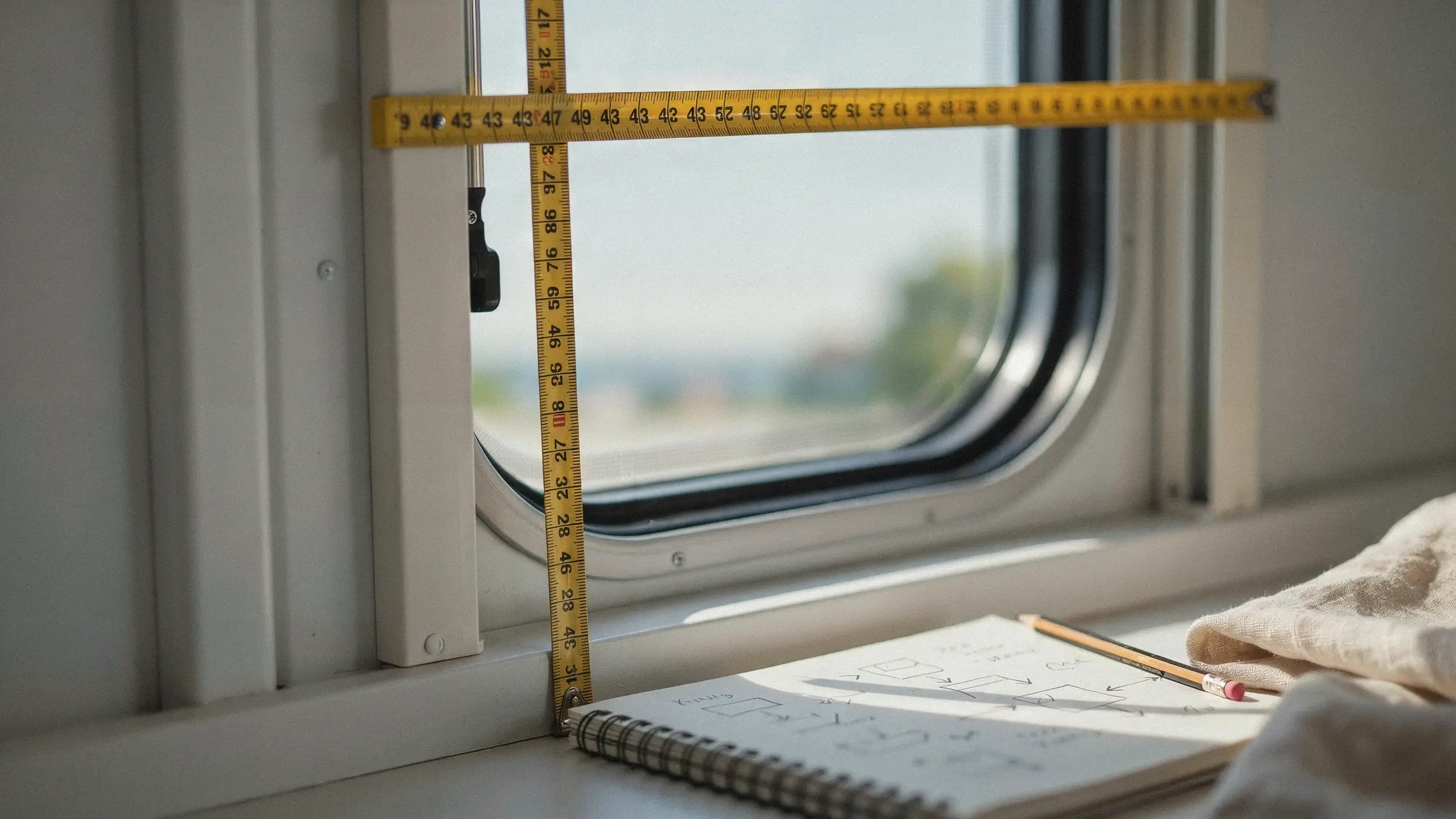 Yellow tape measure displaying exact vertical and horizontal dimensions of a rounded train window frame alongside an architect's notebook and pencil.