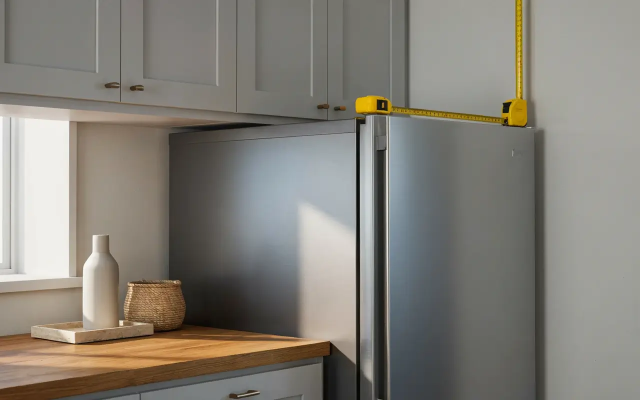 Tape measure checking the space above a refrigerator before choosing decor.