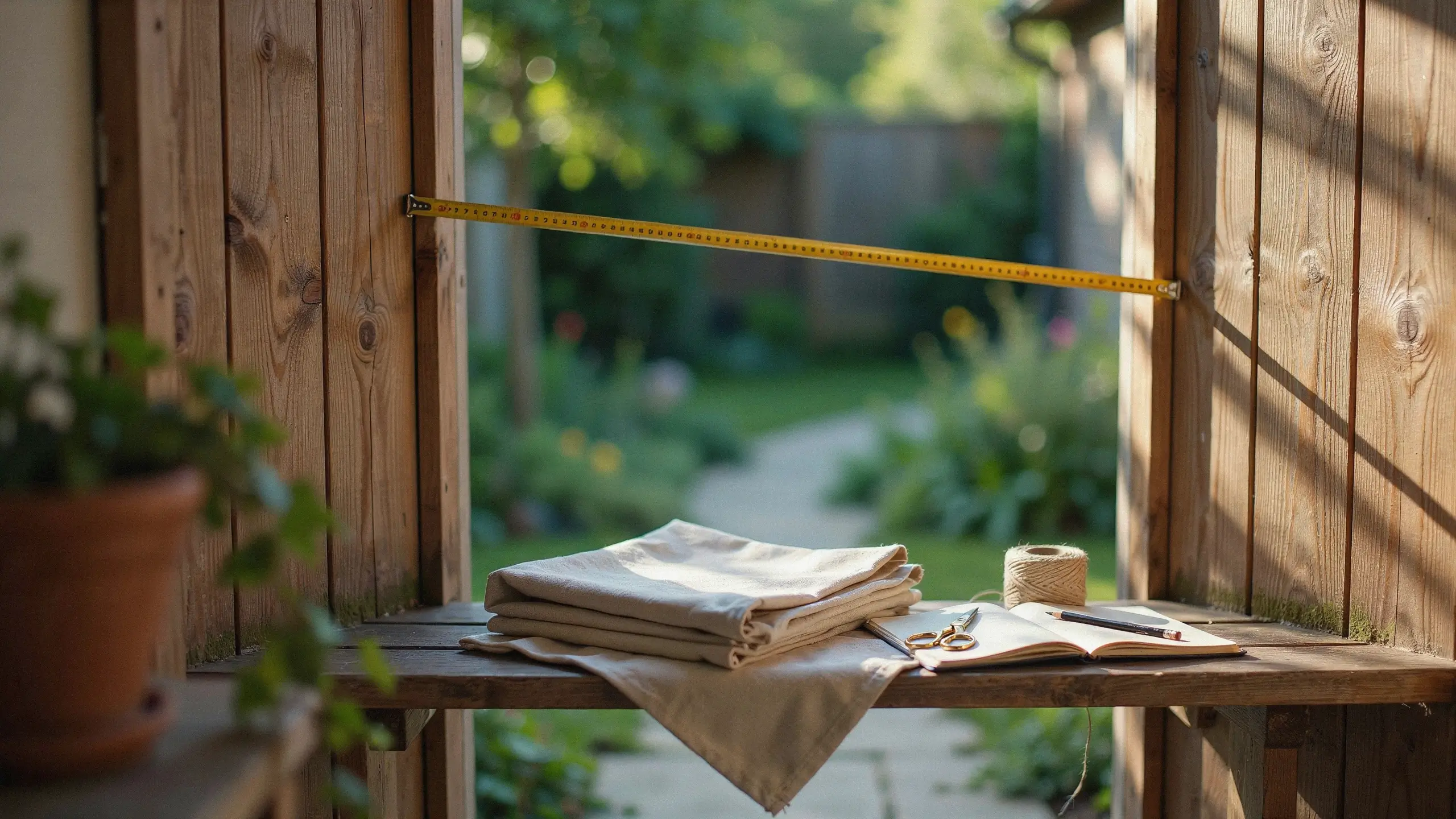 Yellow tape measure stretched between two vertical wooden garden posts to measure space, positioned above a wooden bench holding folded beige fabric, scissors, twine, and an open design notebook for an outdoor DIY sewing project.