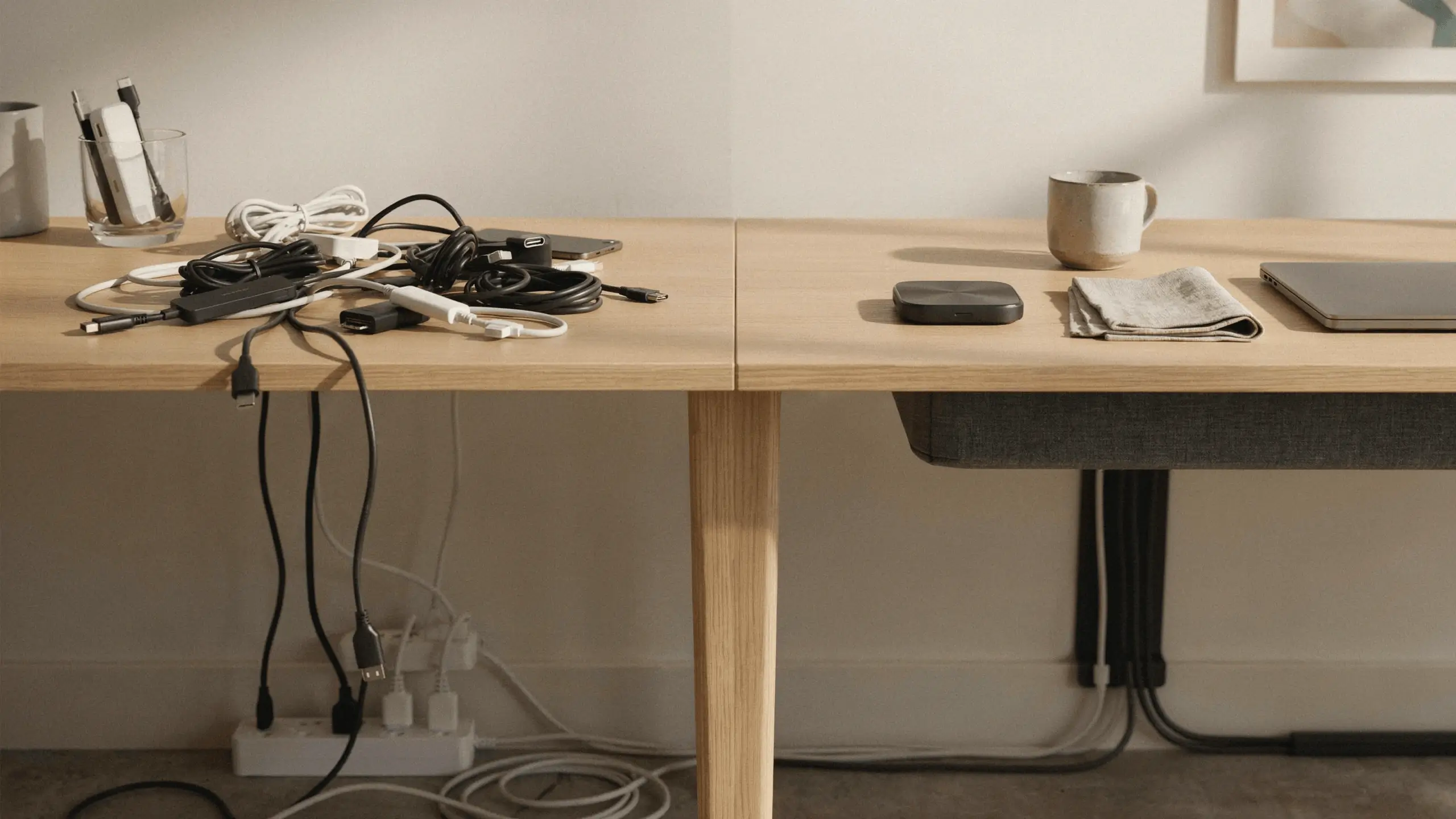 Split view of a light wood desk showing messy tangled cables and a power strip on the left side compared to a clean, minimalist workspace with a laptop and mug on the right. 