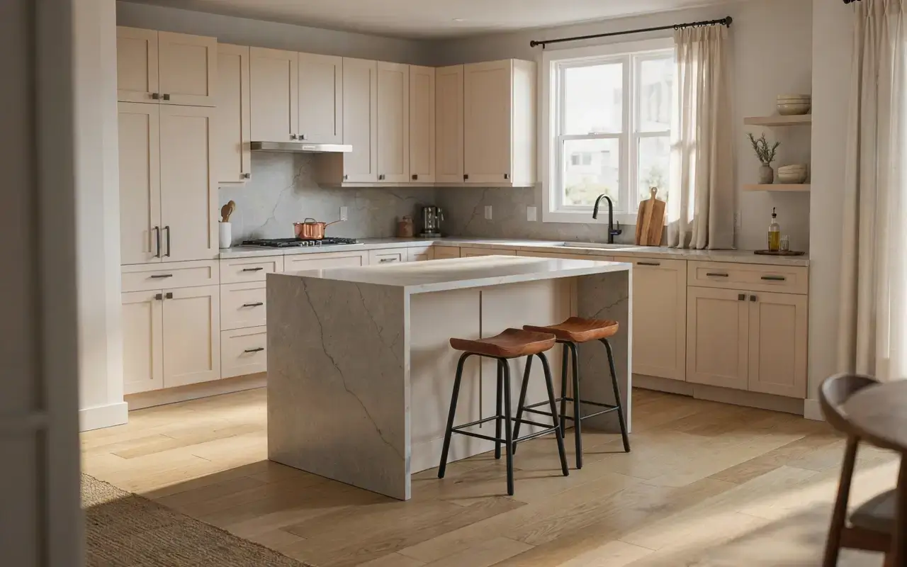 Mid-size L-shaped cream kitchen with a waterfall quartz island, two stools, window sink, and light wood floors.