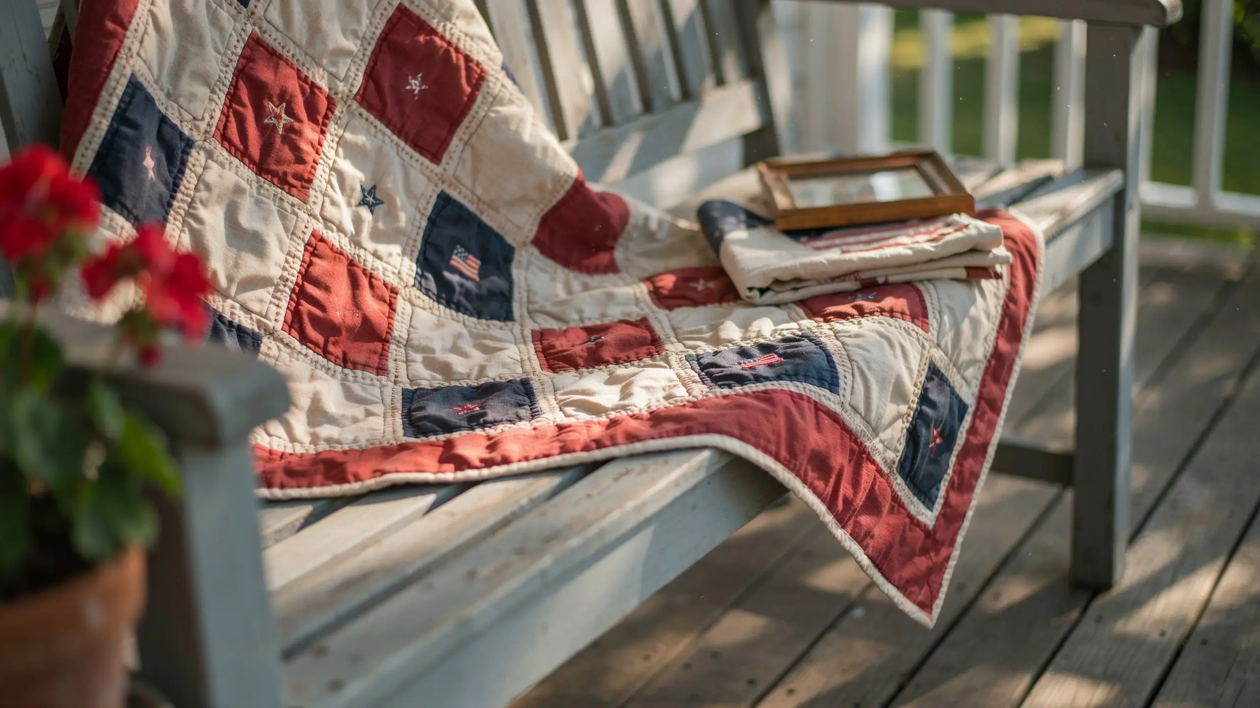 A rustic patriotic patchwork quilt featuring red, white, and blue squares with embroidered stars and flags, draped casually on a weathered outdoor wood porch bench as a heartfelt military family tribute.