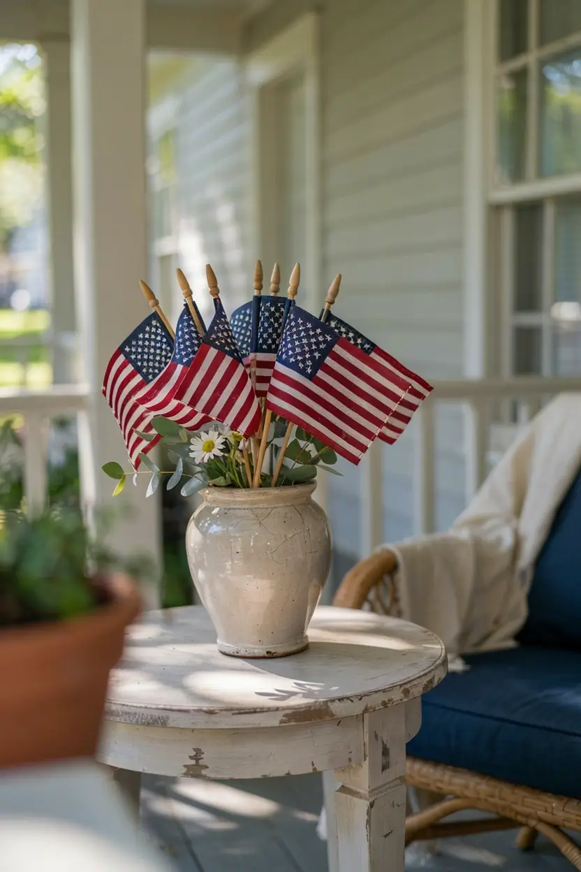 Mini American flag bouquet with daisies in a ceramic urn on a rustic front porch table.