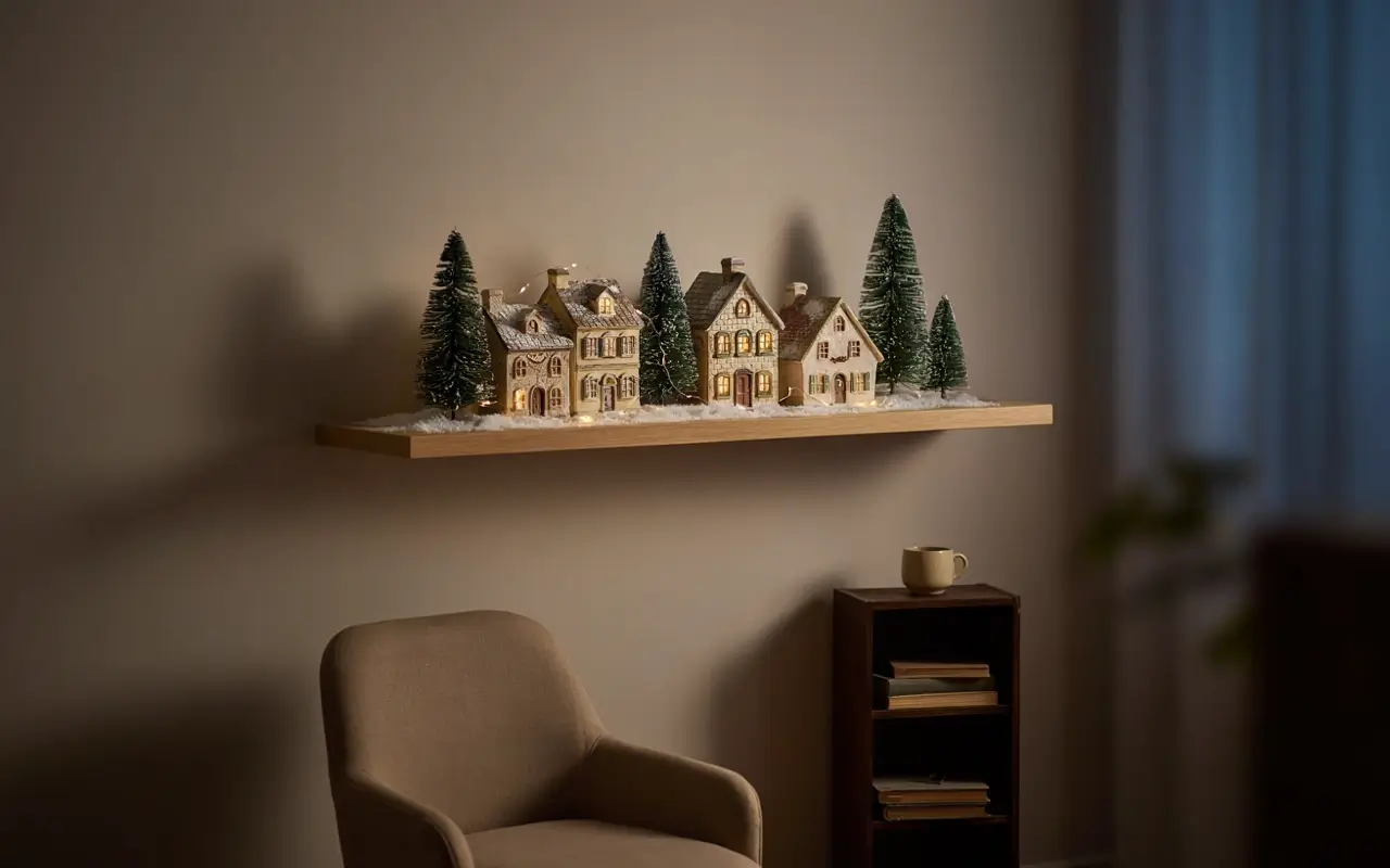 Mini Christmas village with lighted houses and bottlebrush trees arranged on a single floating shelf.