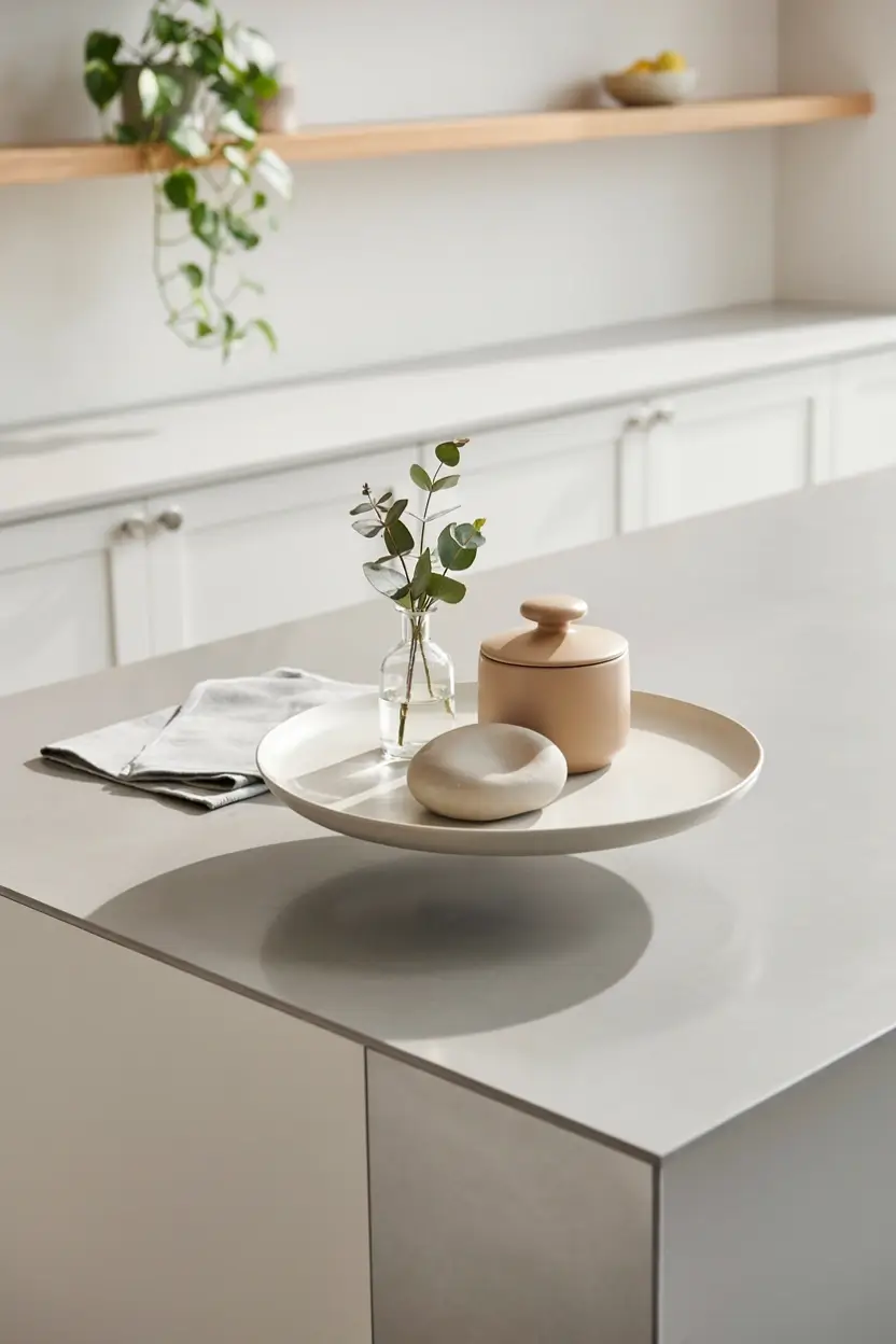 Minimal ceramic decor grouped on a tray for easier dusting in a bright kitchen.