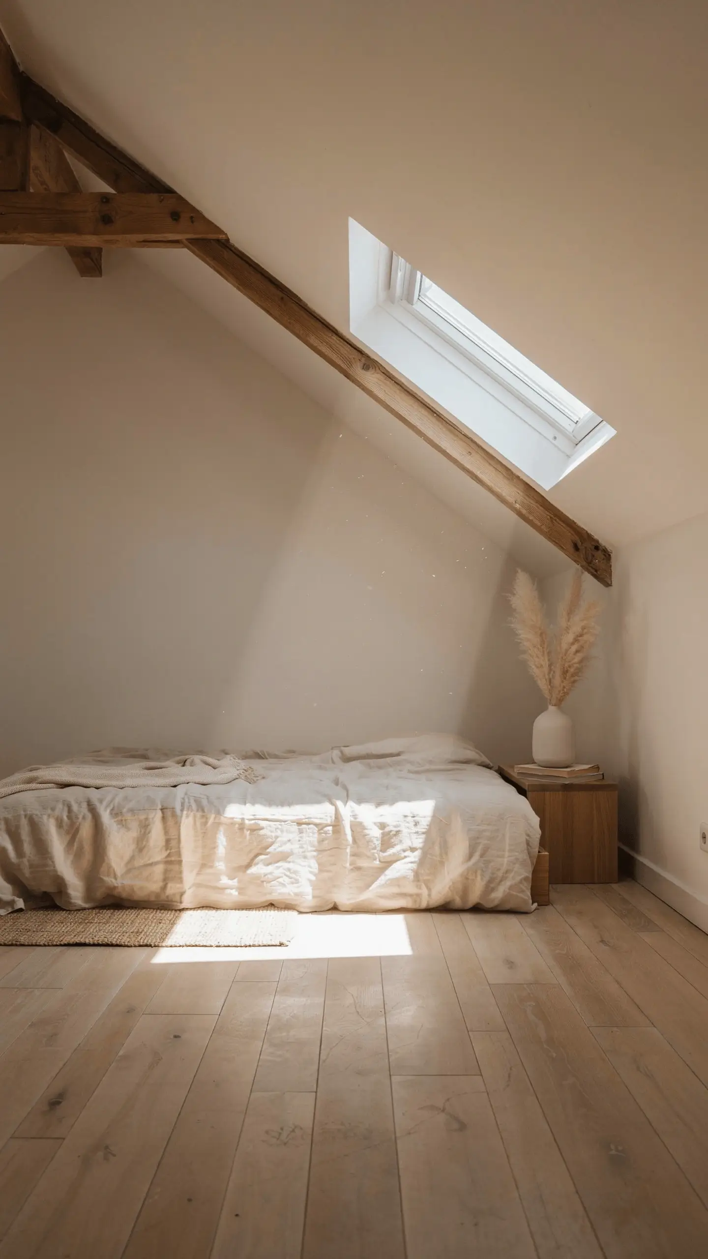 "Cozy, minimalist attic bedroom featuring a sloping ceiling with a large skylight that casts natural sunlight across a low wooden bed dressed in relaxed white linen, alongside a simple pampas grass arrangement." 
