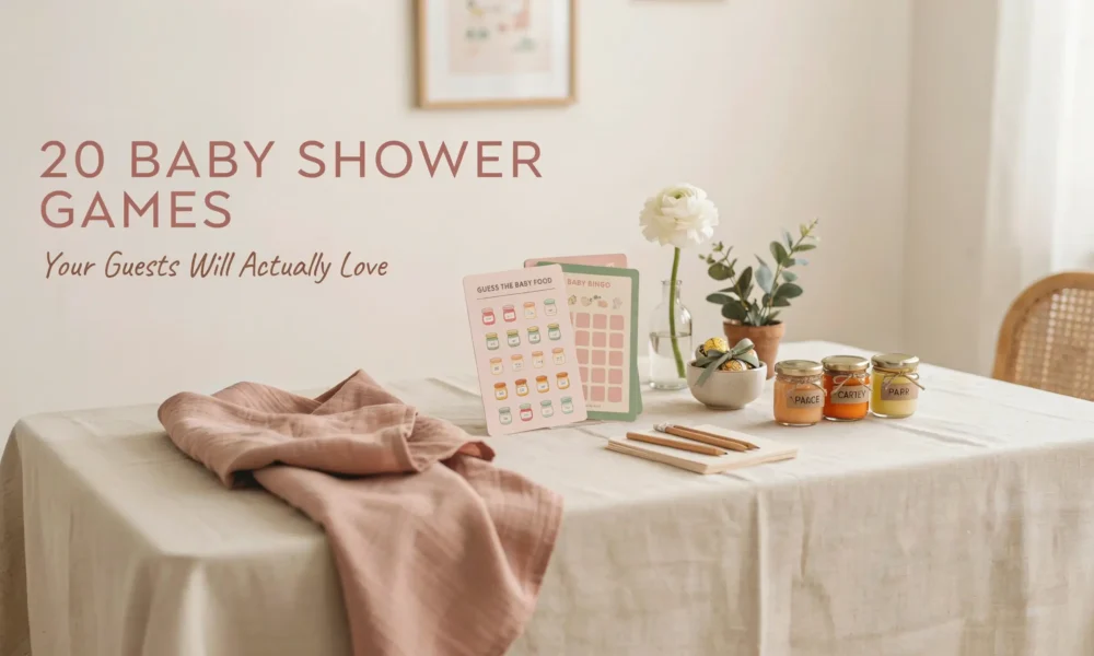 A minimalist baby shower game station featuring a 'Guess the Baby Food' tasting card and a 'Baby Bingo' sheet, paired with wooden pencils, a white notepad, three labeled baby food jars, and a soft pink draped napkin on a beige linen table.