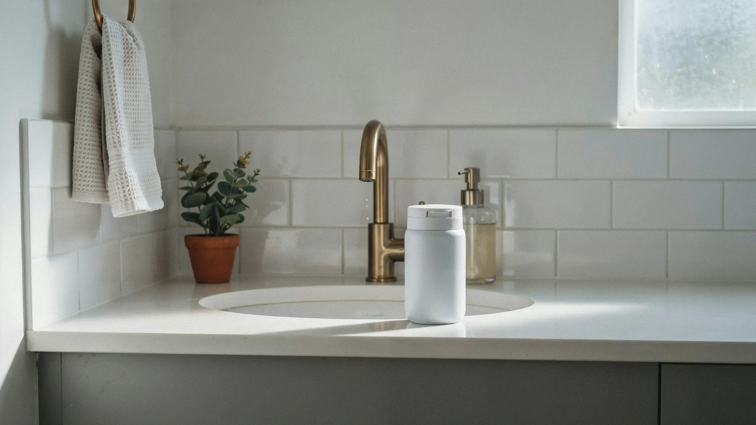 White minimalist bathroom vanity with a brass faucet, white storage jar, and terracotta succulent, illustrating a clean, functional space designed for practical hygiene and daily wipe routines