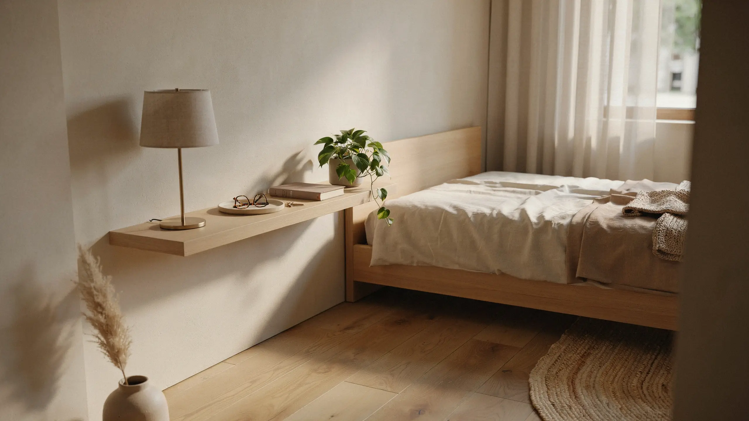 Minimalist wooden floating wall nightstand holding a beige lamp, glasses, and a potted plant, styled with white and tan bedding in a sunlit neutral bedroom. 
