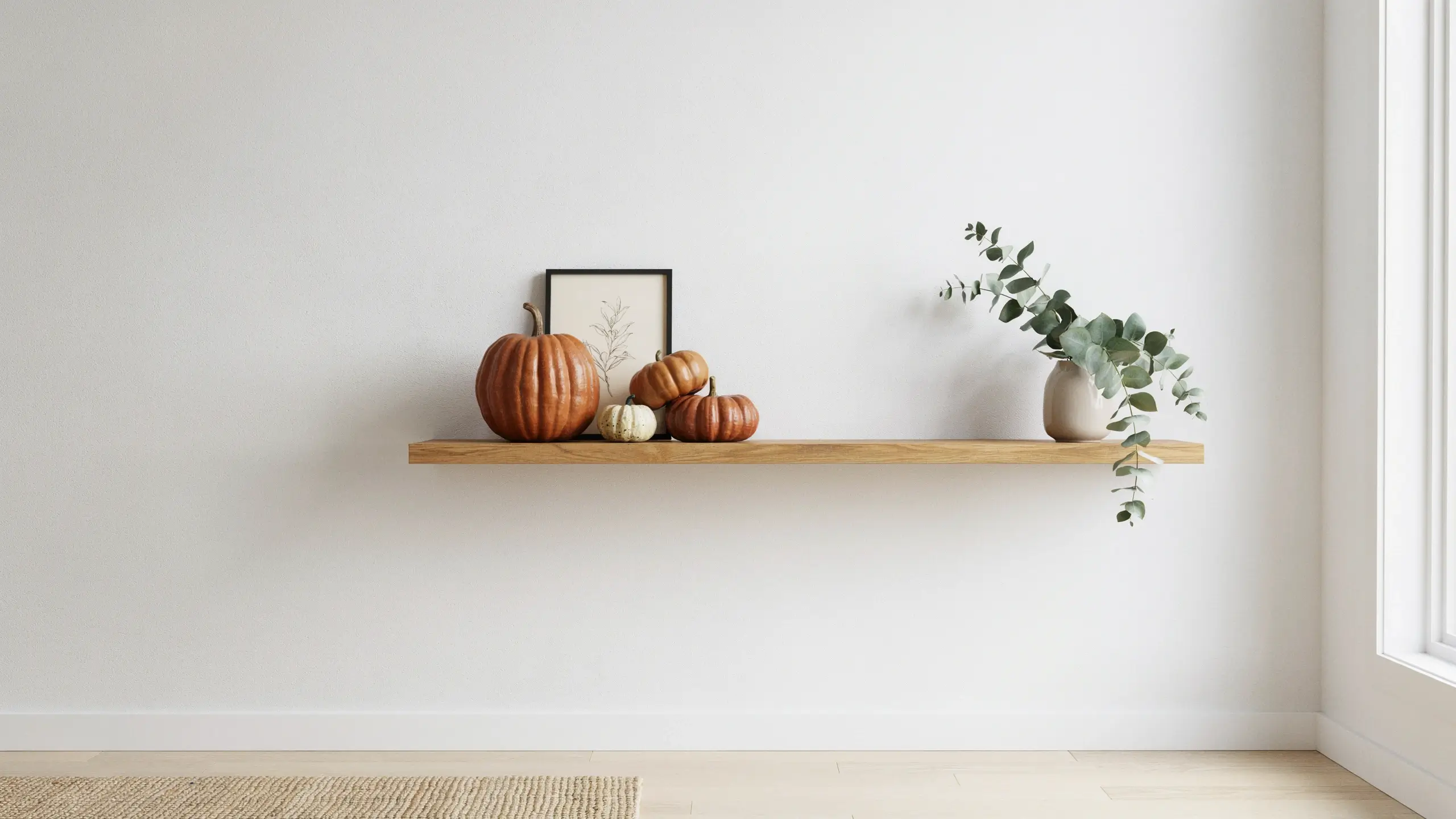 Minimalist floating wood shelf styled with seasonal orange and white pumpkins, a small botanical framed print, and a trailing eucalyptus branch in a neutral vase for modern fall decor.