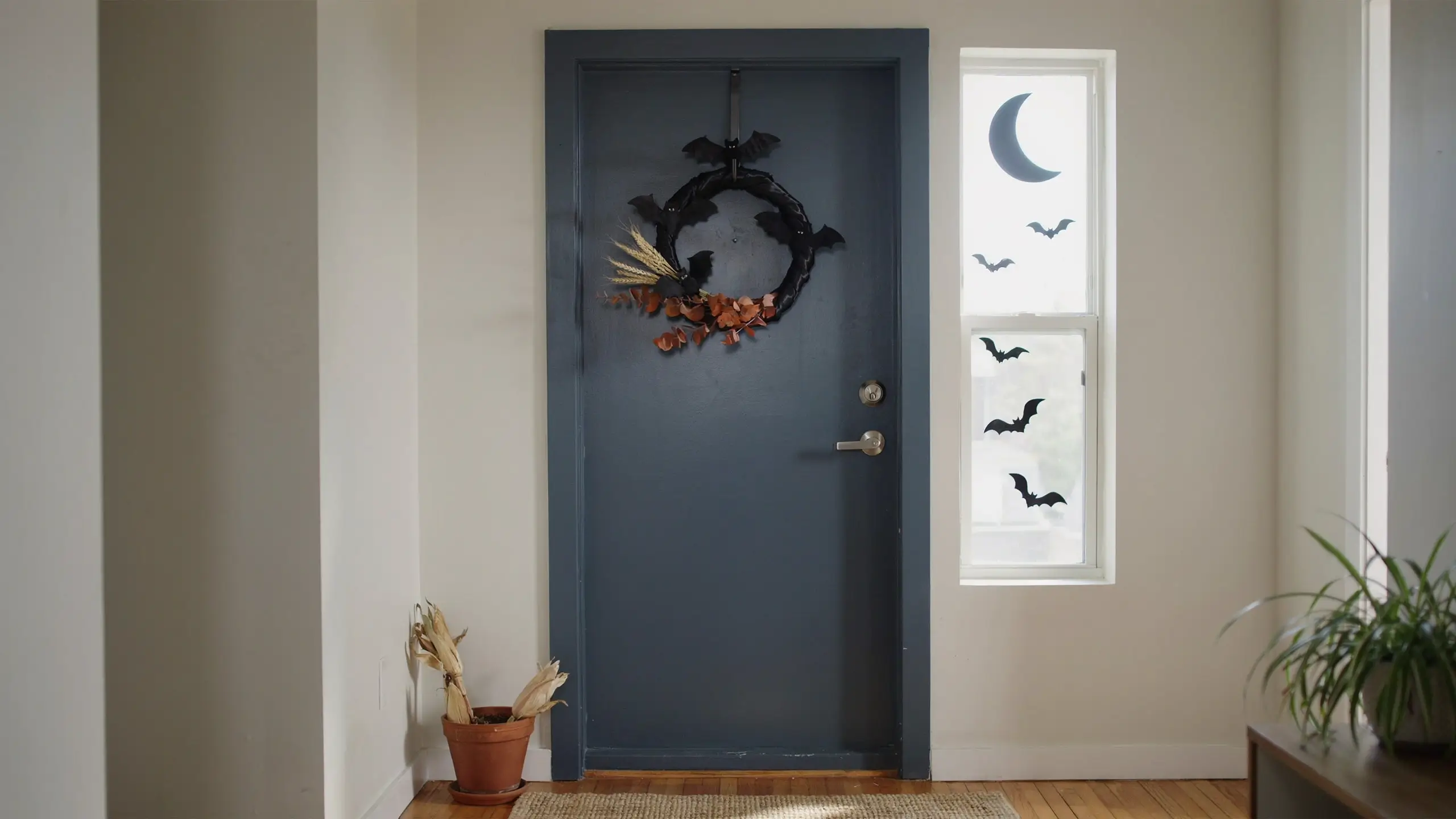 Minimalist Halloween front entryway featuring a deep blue door, a black bat wreath with autumn leaves and wheat, and a window decorated with bat and crescent moon silhouette decals. 