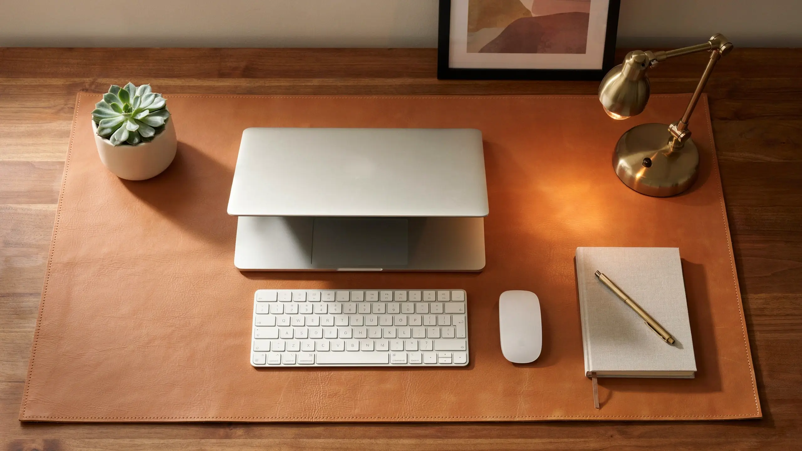 Silver laptop on a stand, white Apple Magic Keyboard, Magic Mouse, a potted succulent, and a brass adjustable lamp placed on a tan leather desk mat over a wooden table, showcasing a modern minimalist workspace. 