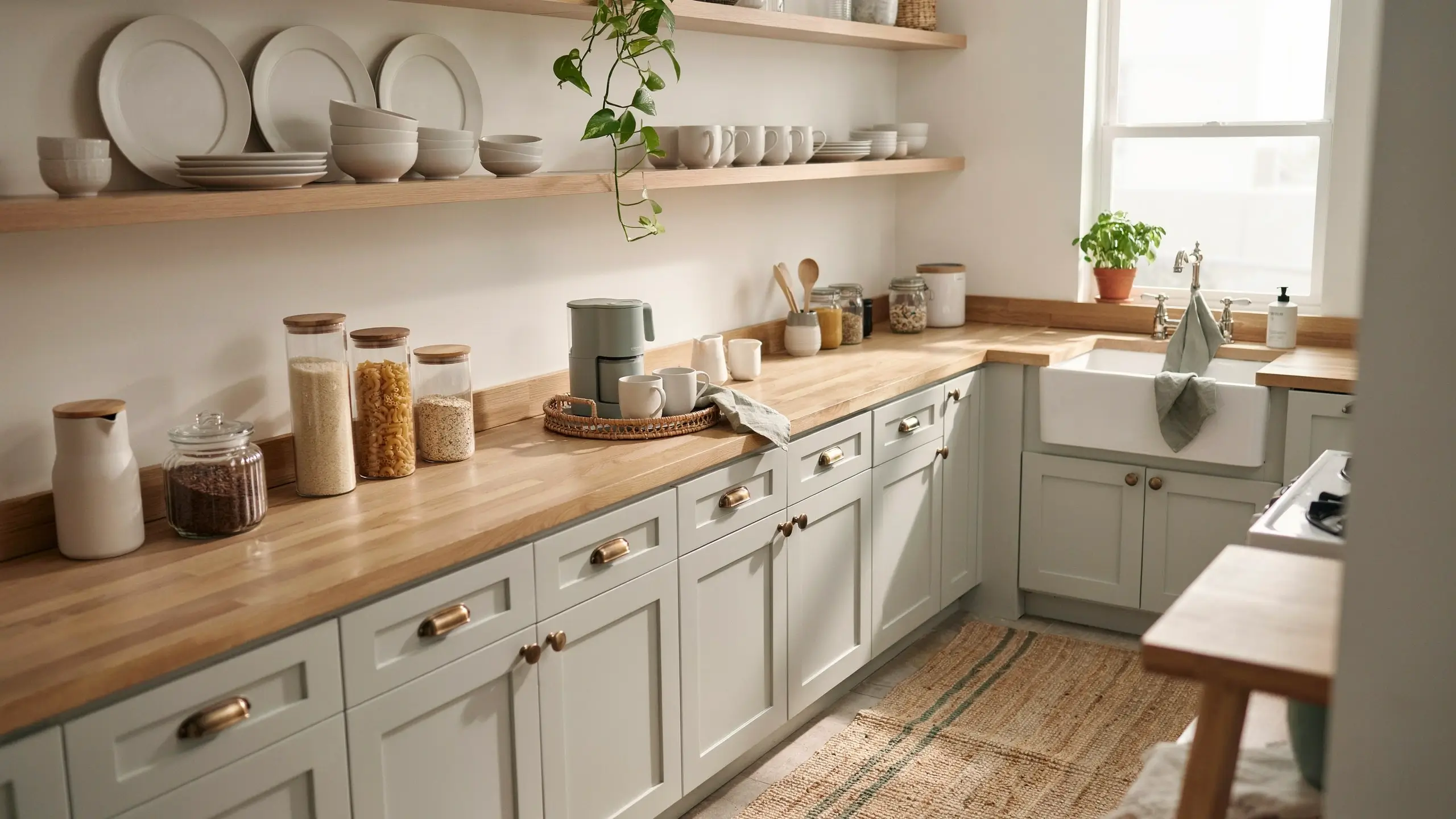 Sage green lower cabinets and warm wood countertops in a bright minimalist kitchen with open shelving, glass pantry jars filled with grains, and a white farmhouse sink for modern kitchen decor and organization