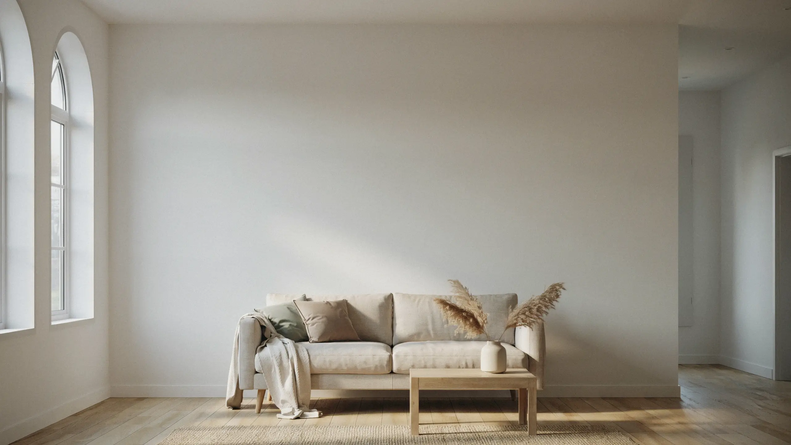 Minimalist living room featuring a light beige sofa, wooden coffee table, pampas grass in a ceramic vase, and a large empty white wall perfect for gallery art or an accent wall. 