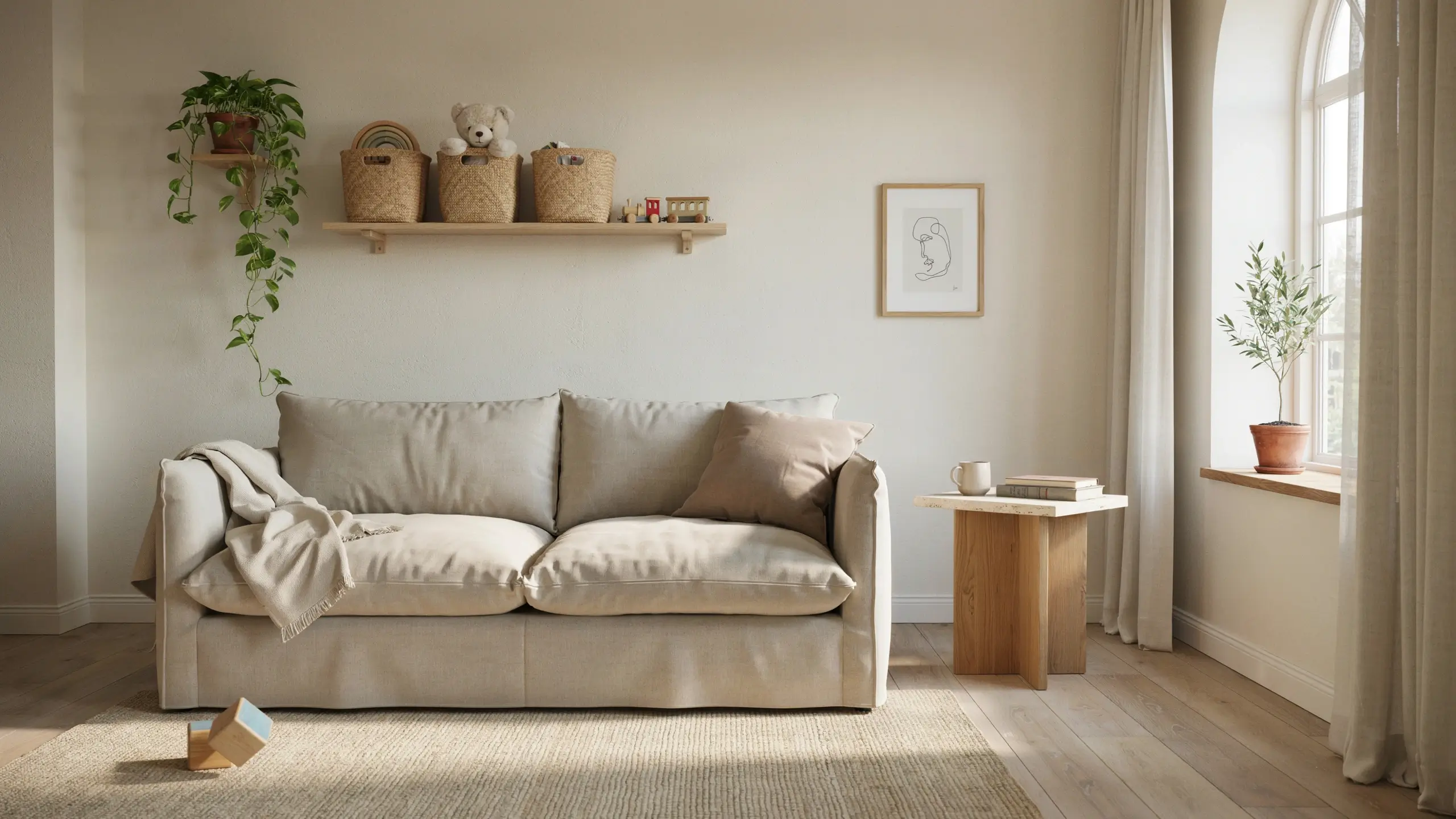 A cozy, neutral-toned living room with a beige sofa, woven toy storage baskets, a trailing pothos plant, and scattered wooden building blocks on a natural rug, illustrating the challenge of keeping a minimalist home calm when kids or pets are present.