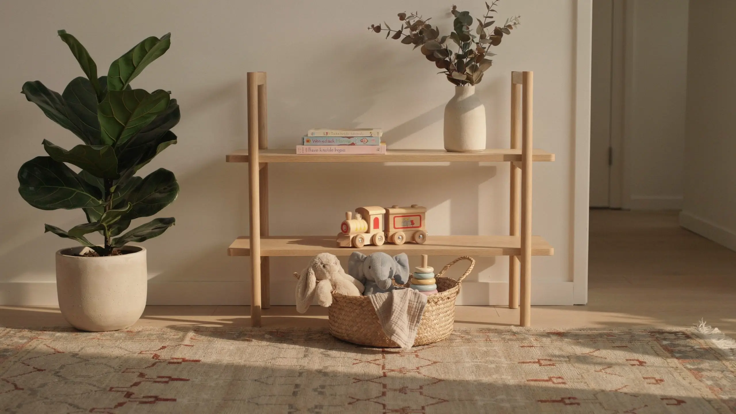 Minimalist nursery wooden shelf with a stuffed rabbit, elephant, and wooden train, illustrating the one in one out toy rule for keeping play areas clutter-free