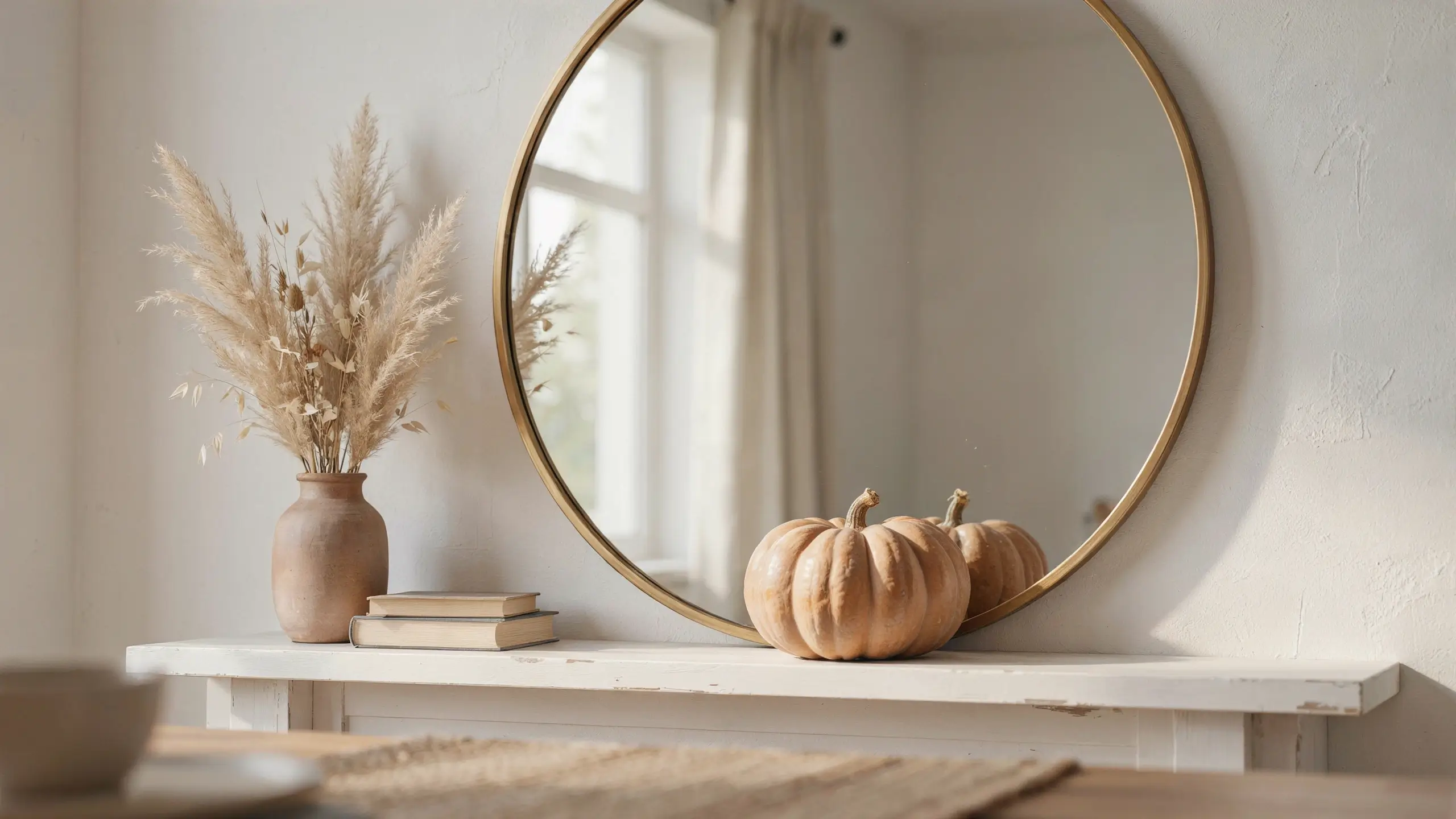 A round gold-framed mirror leaning against a white wall, reflecting a window, placed behind a terracotta vase with dried pampas grass and a pale harvest pumpkin on a minimalist shelf for fall styling.