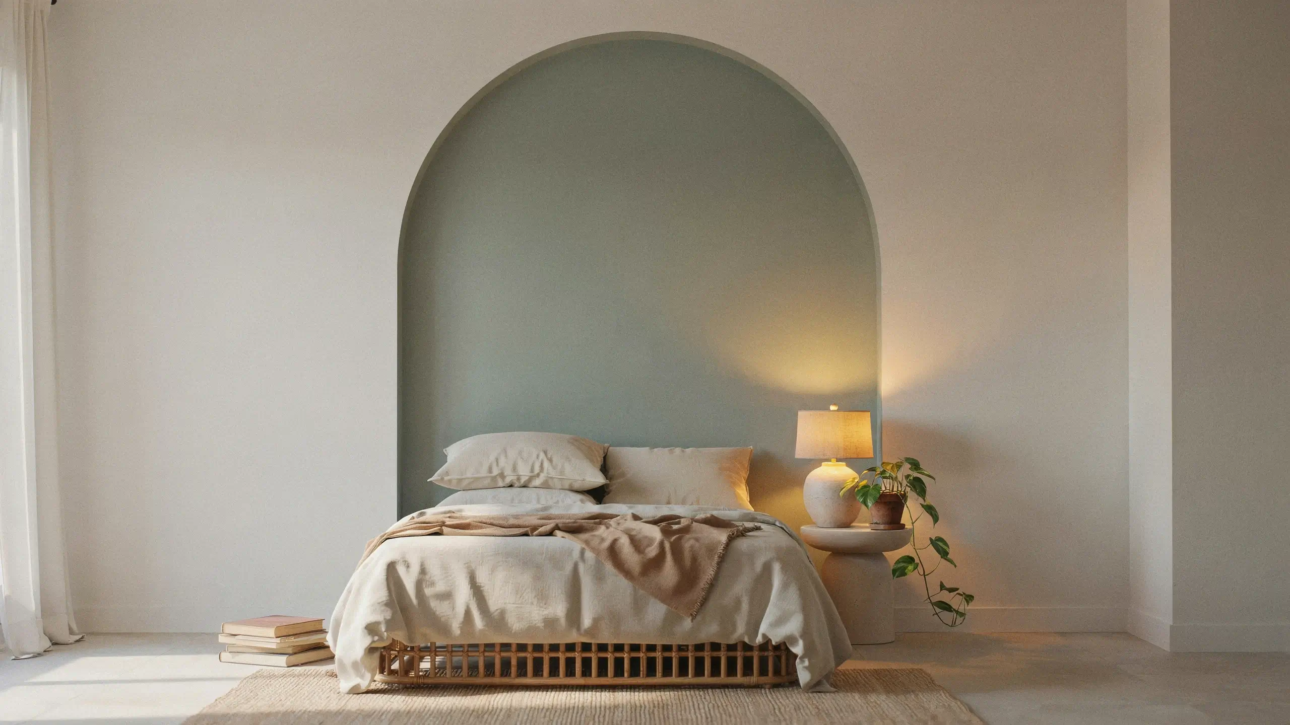 "A serene minimalist bedroom featuring a wood slatted bed with beige linen bedding, a tan throw blanket, and a prominent sage green painted arch accent wall, illuminated by a warm lamp on a round concrete bedside table." 