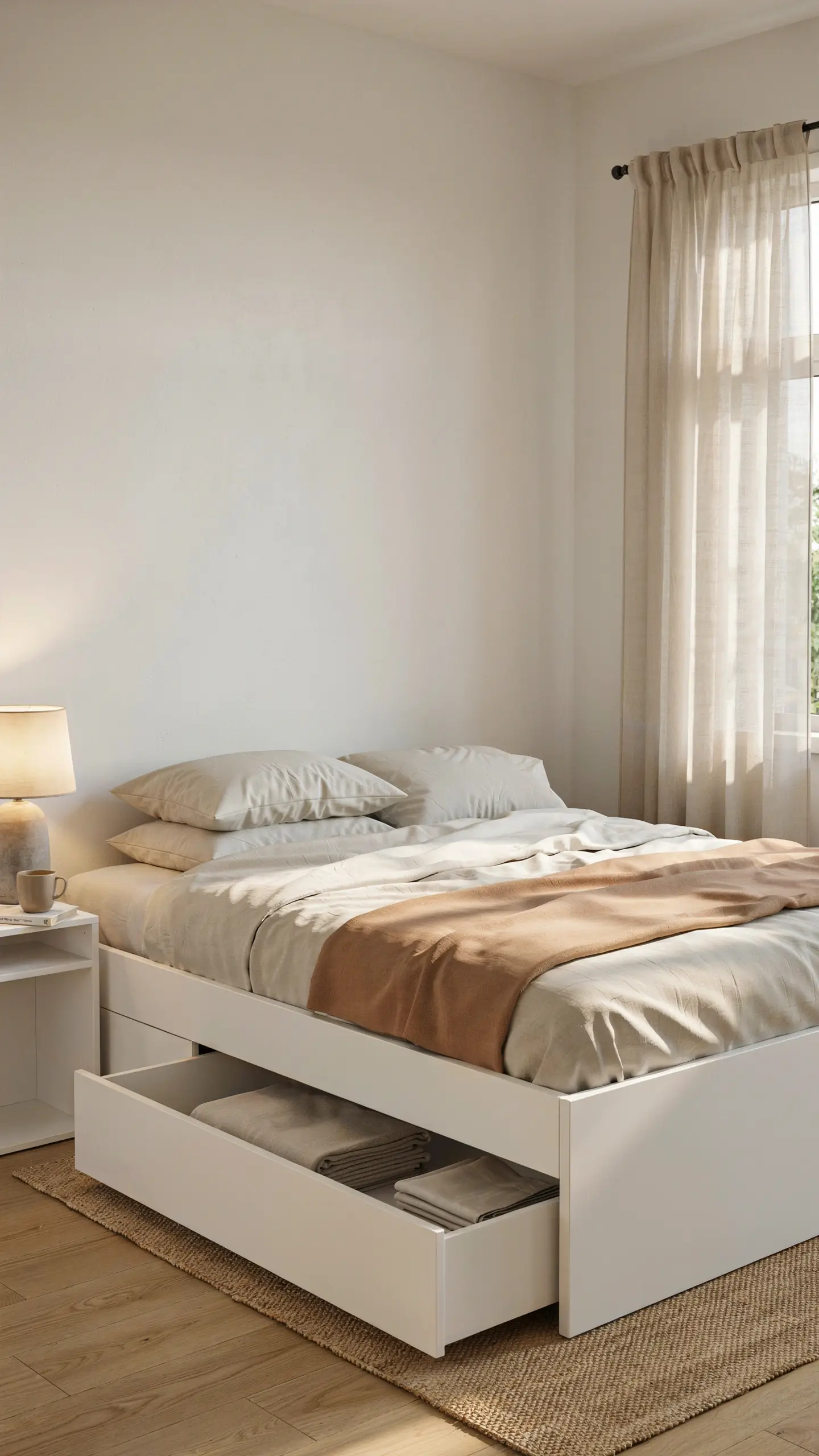 Open under-bed storage drawer on a white MALM bed frame displaying neatly folded neutral linens, set in a bright, minimalist bedroom with a jute rug and sheer window curtains. 