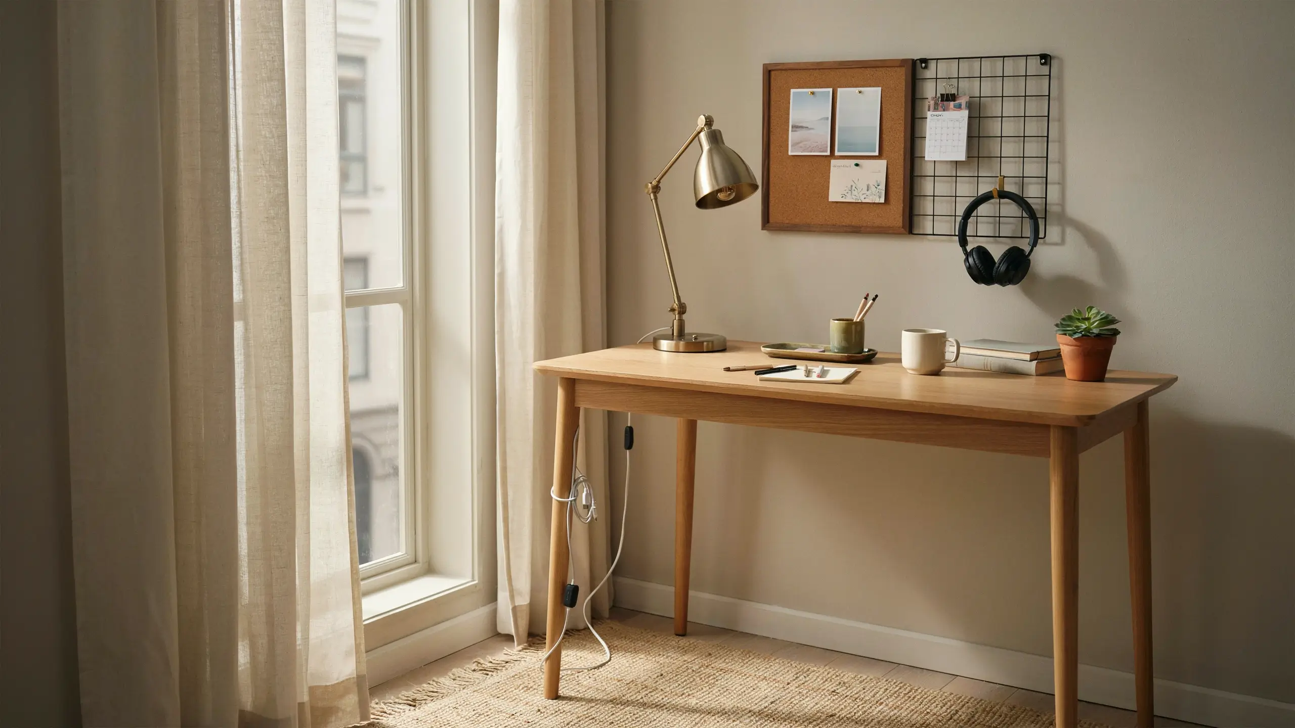 A minimalist wooden desk and study nook featuring a brass lamp, corkboard, hanging headphones, and succulent near a bright window.