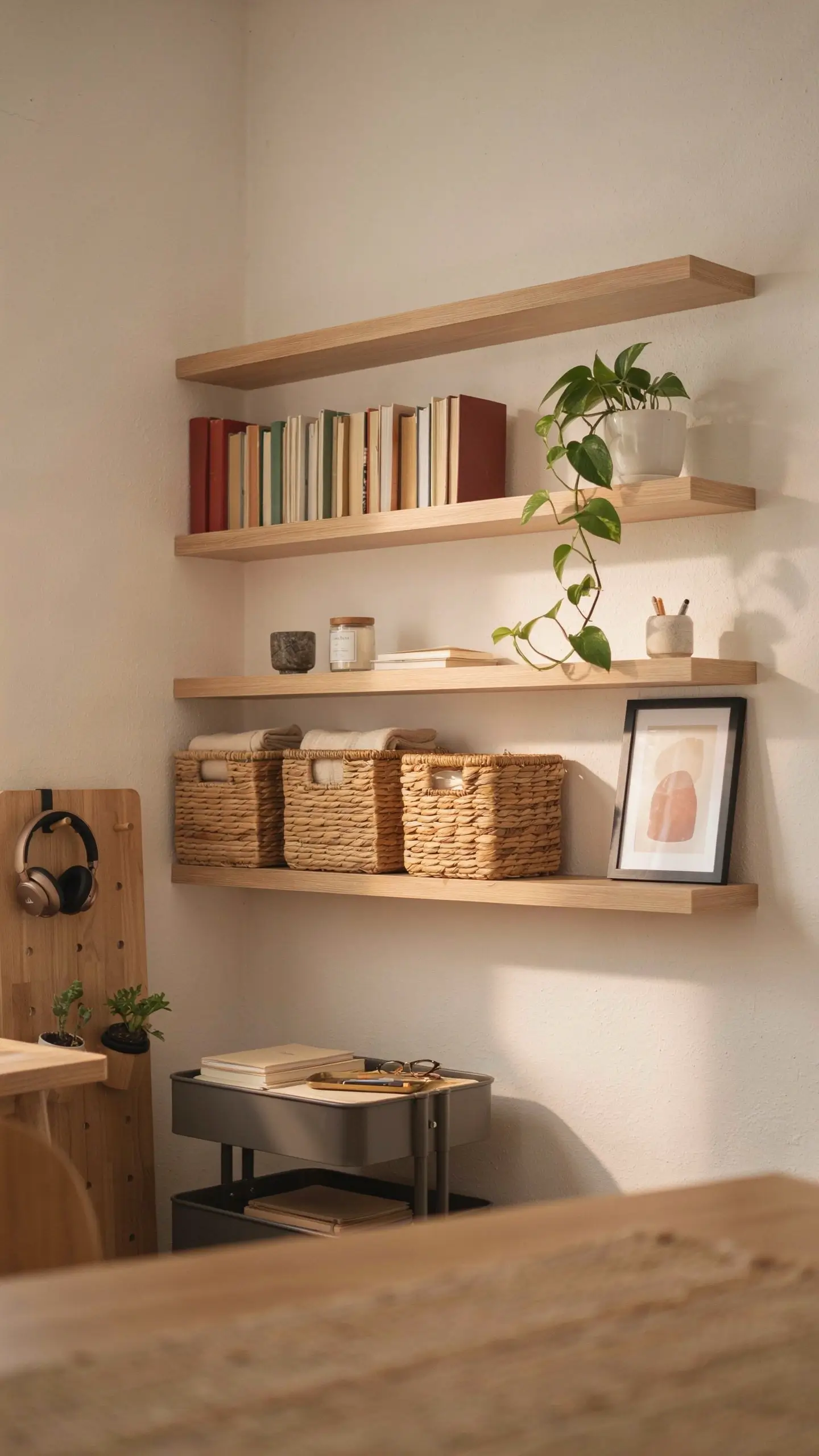 Light oak floating shelves holding colorful books, a trailing pothos plant, woven wicker storage baskets, and framed art, paired with a rolling cart and pegboard in a cozy minimalist home office. 