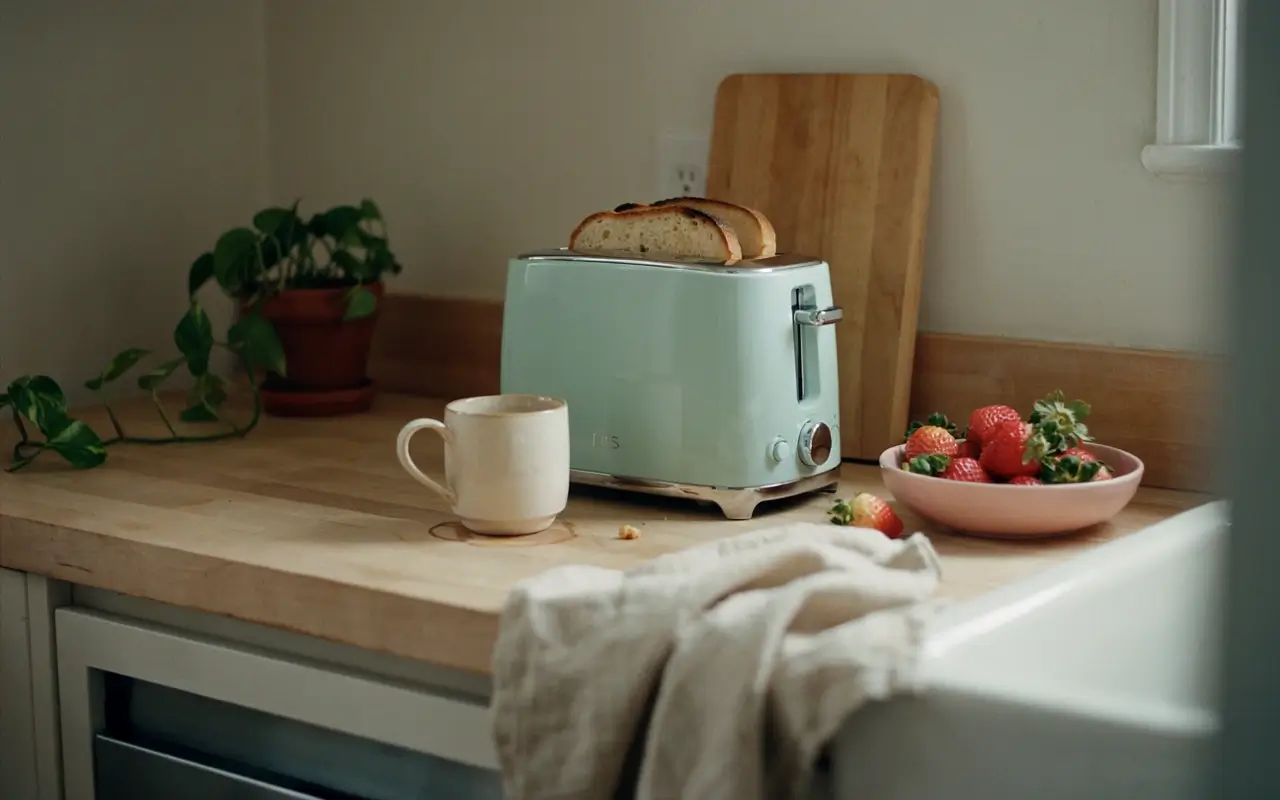 Retro mint toaster with toast on a wooden kitchen counter beside strawberries and a white mug.