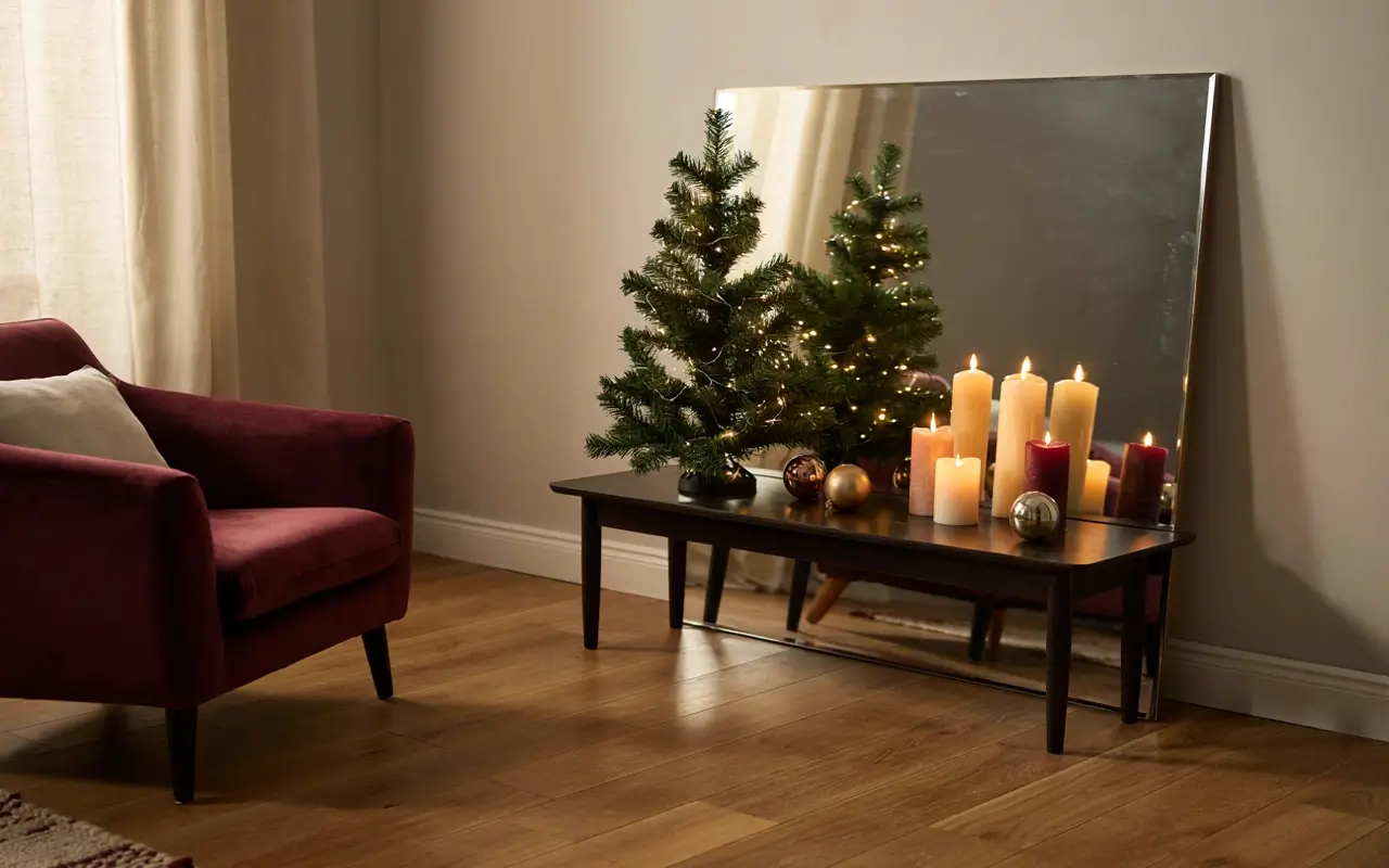 Large mirror reflecting tabletop Christmas trees, string lights, candles, and ornaments in a small living room.