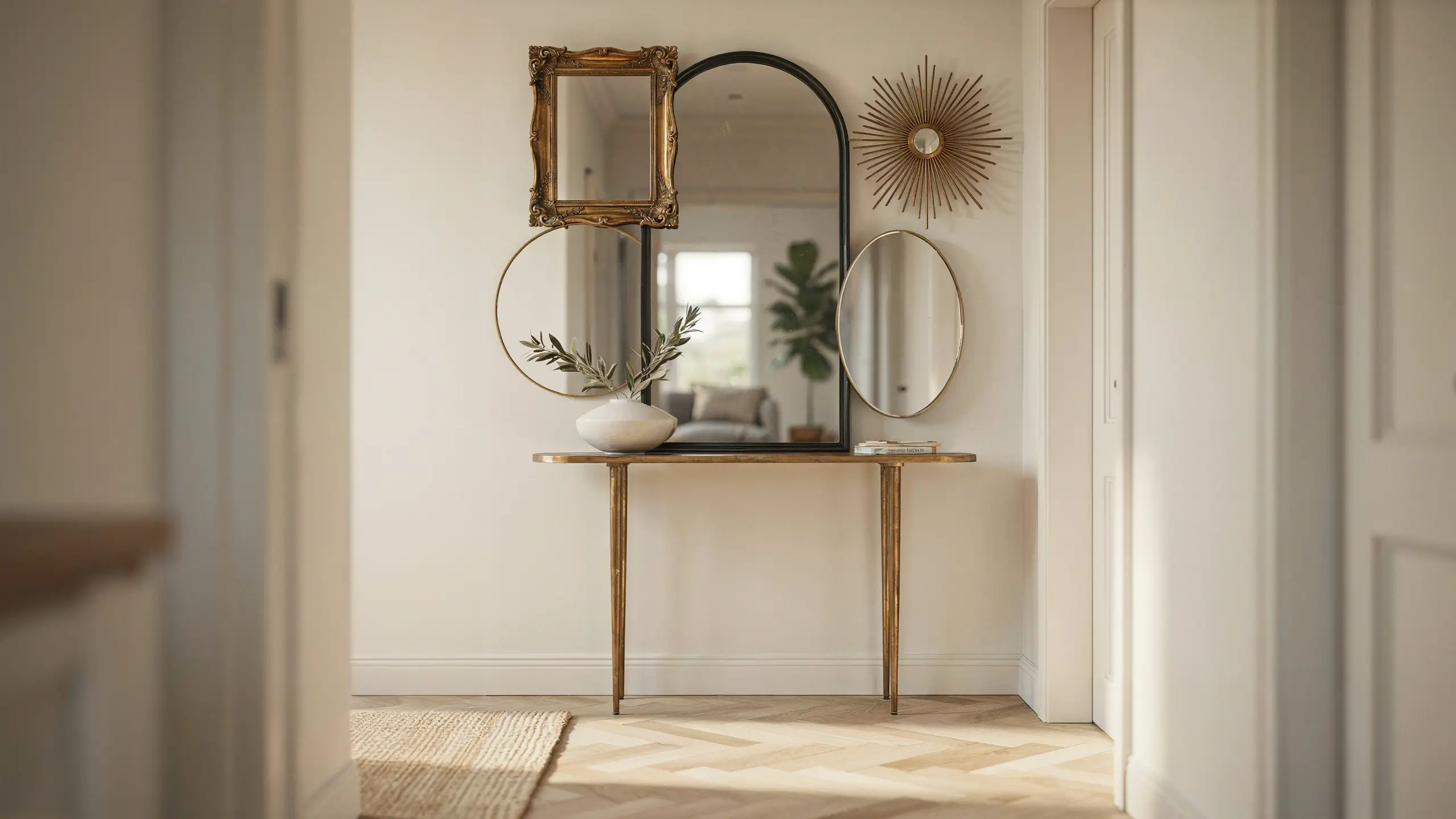 Minimalist entryway featuring an eclectic mirror gallery wall with a black arched mirror, gold sunburst decor, and thin circular frames above a slender brass console table holding a white vase with olive branches. 