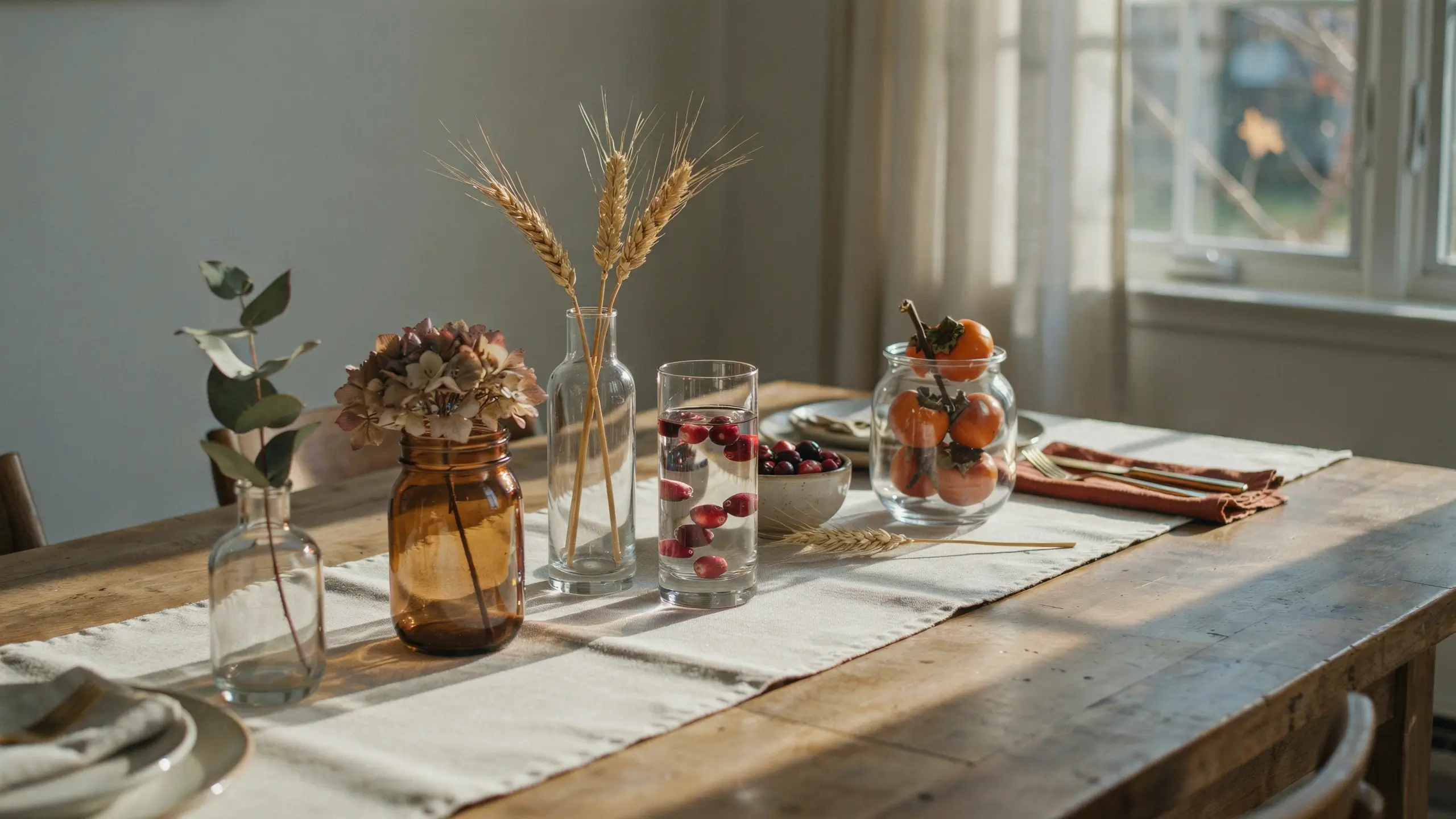 Rustic wooden dining table styled with mismatched glass jars and vases, filled with dried wheat, hydrangea, floating red cranberries, and persimmons on a natural linen runner.