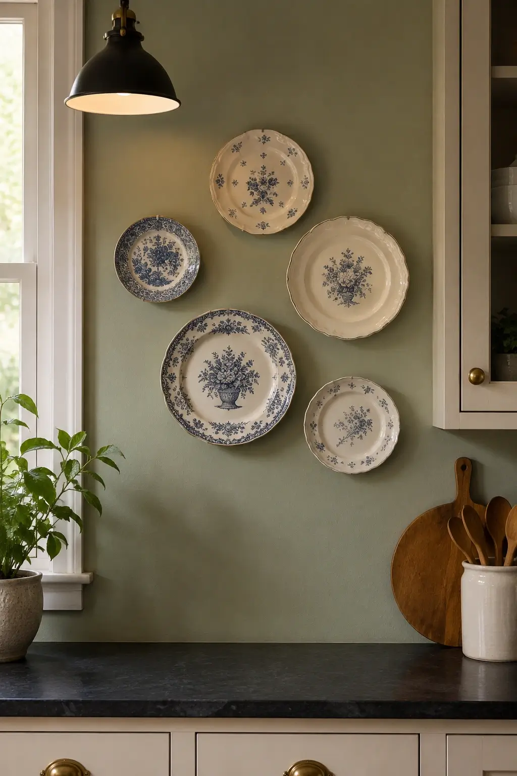 Mismatched blue and white vintage china plates hung on a sage green kitchen wall above a black countertop.