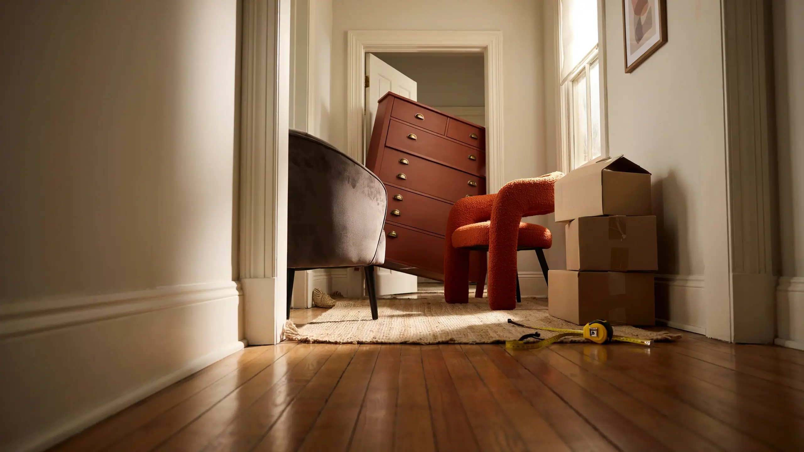 Dresser being moved through a narrow hallway with an armchair, moving boxes, and a tape measure.