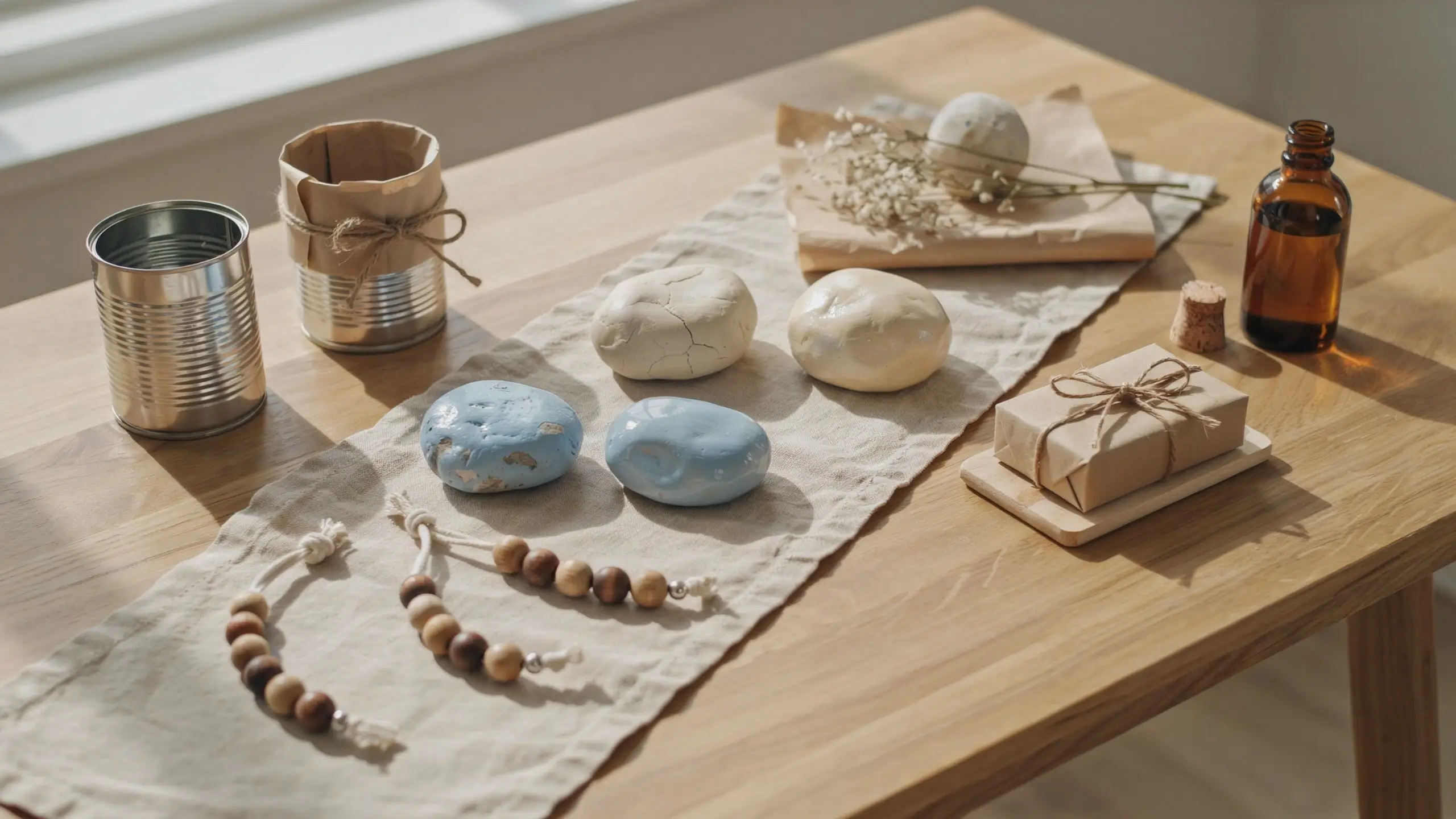 Handmade teacher gifts with painted rocks, recycled tin cans, beads, and wrapped crafts on a wooden table.