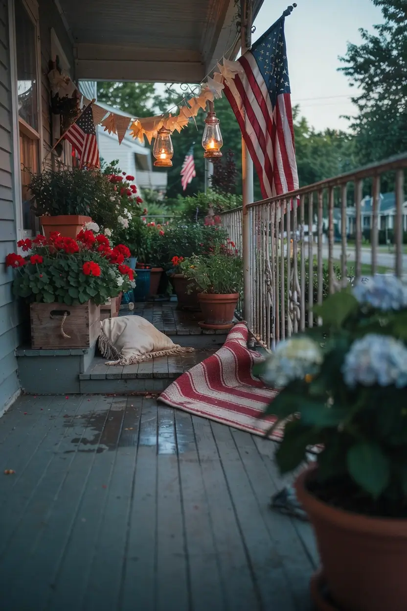July 4th porch with American flags, hanging lanterns, red flowers, and a striped rug along the walkway.