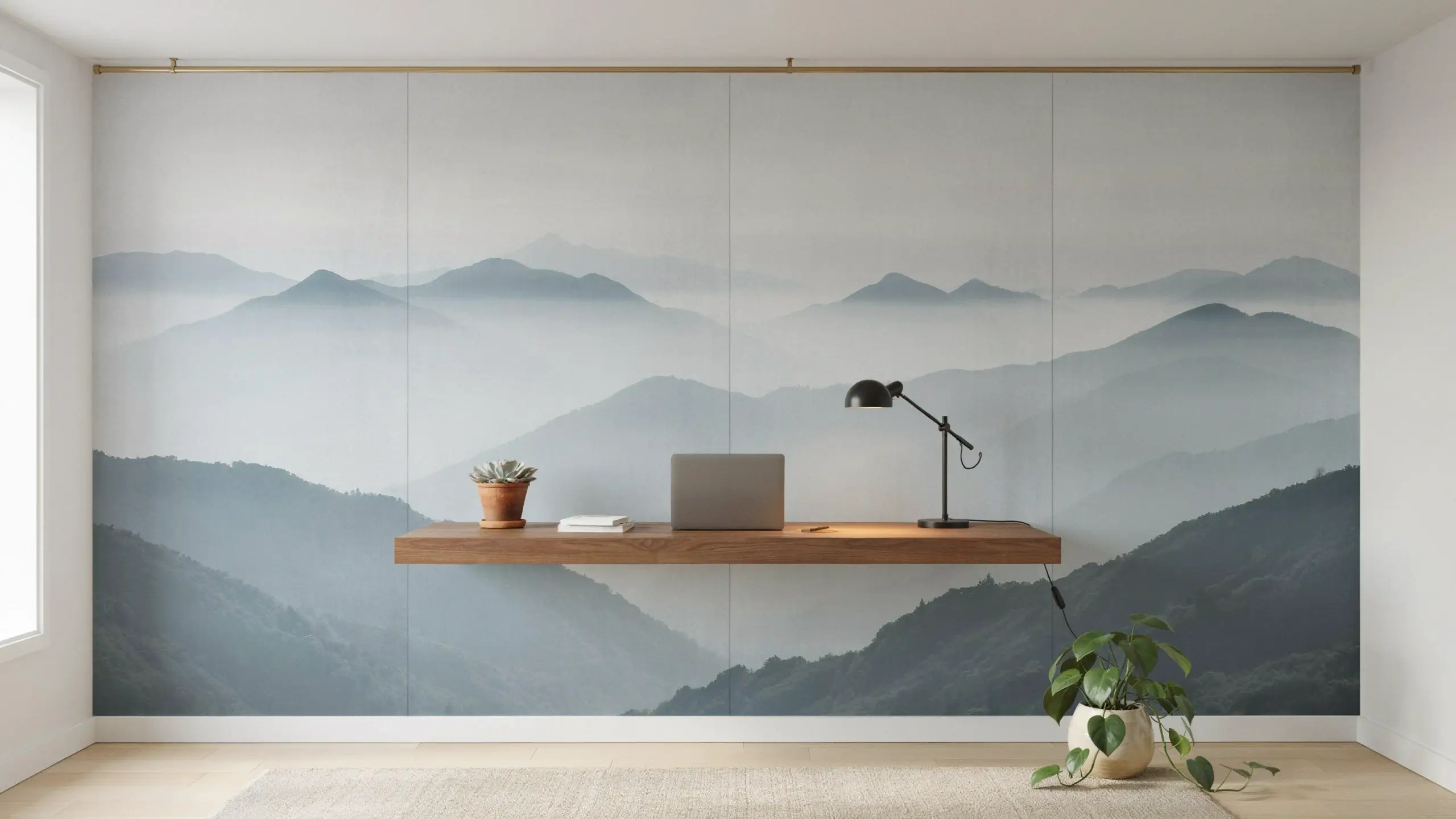 Minimalist workspace featuring a closed silver laptop and black desk lamp on a floating wooden shelf, set against a serene, foggy mountain mural wallpaper panel, with a small succulent and trailing floor plant adding natural elements to the room. 