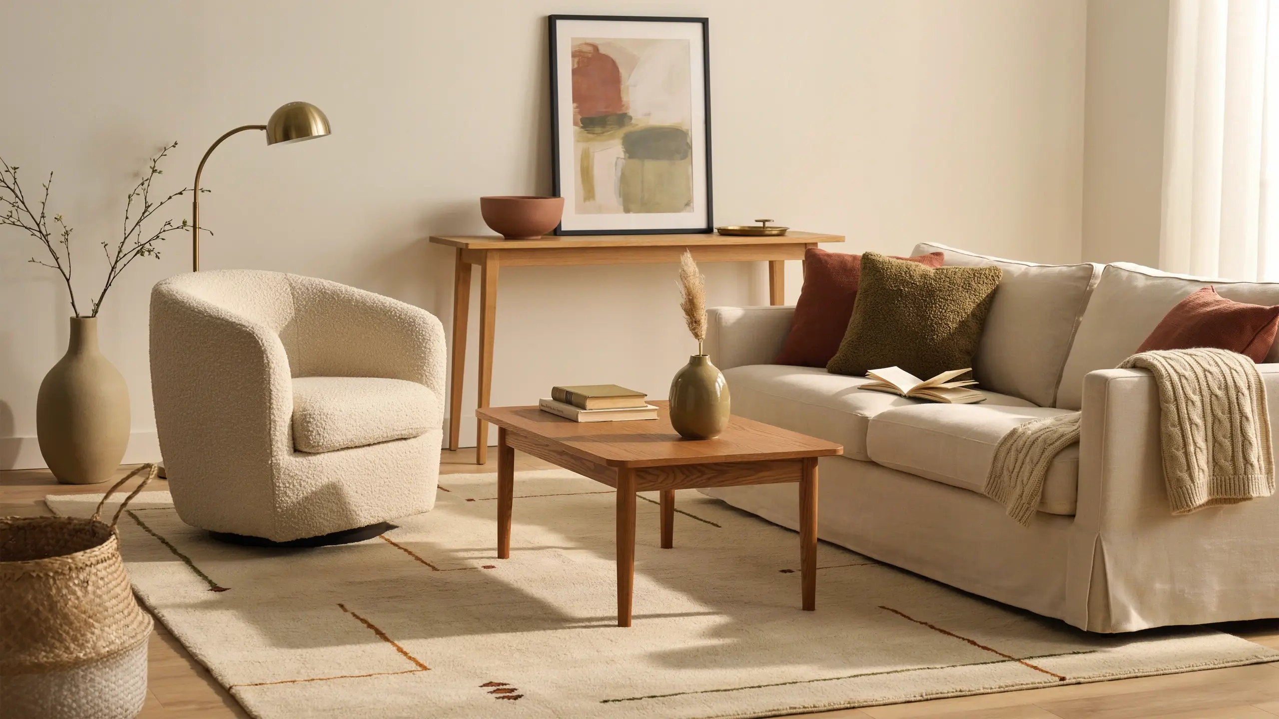 Living room mixing warm wood tones, a cream boucle chair, white sofa, textured pillows, and a wooden coffee table.