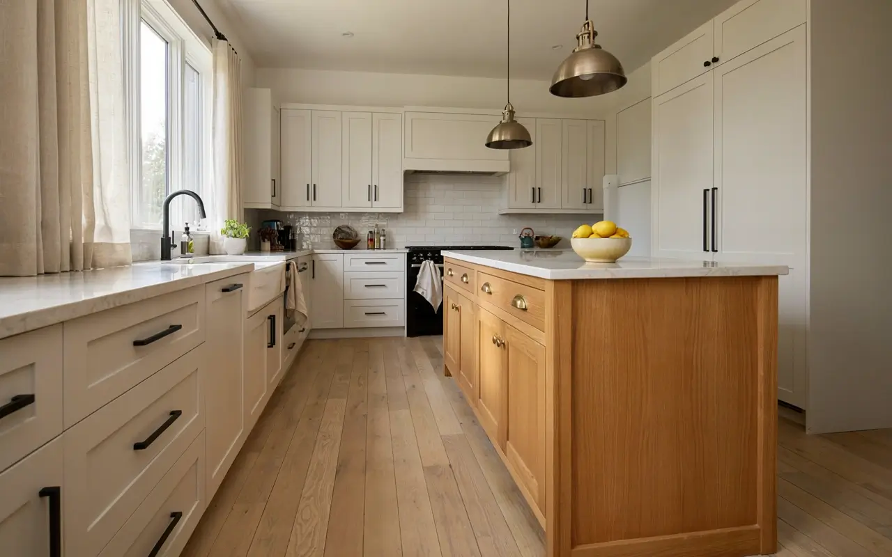 L-shaped kitchen with brushed brass island pulls, matte black perimeter hardware, white cabinets, and a wood island