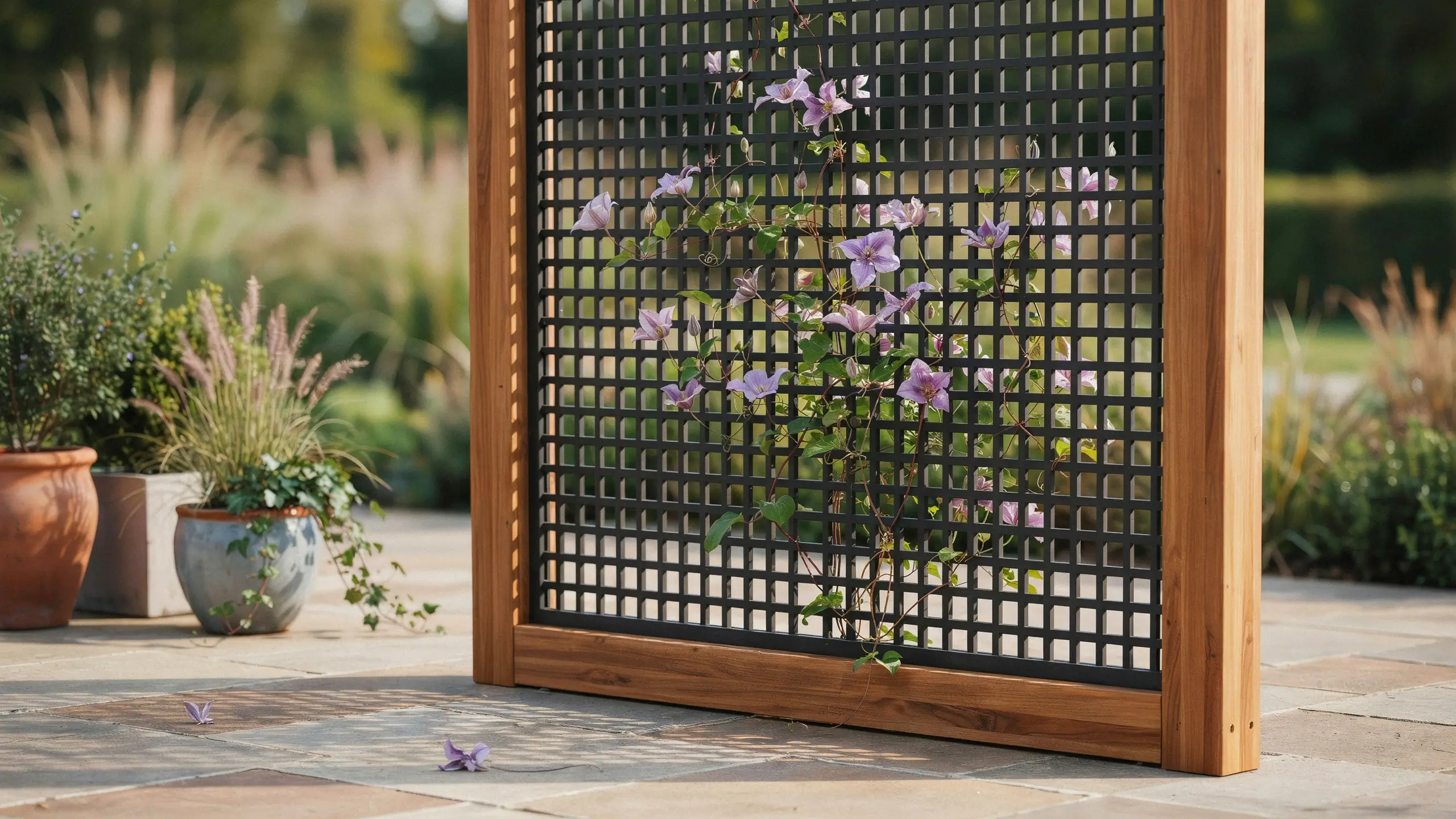 Mixed material wood and black metal garden screen with a purple clematis vine climbing on a stone patio.