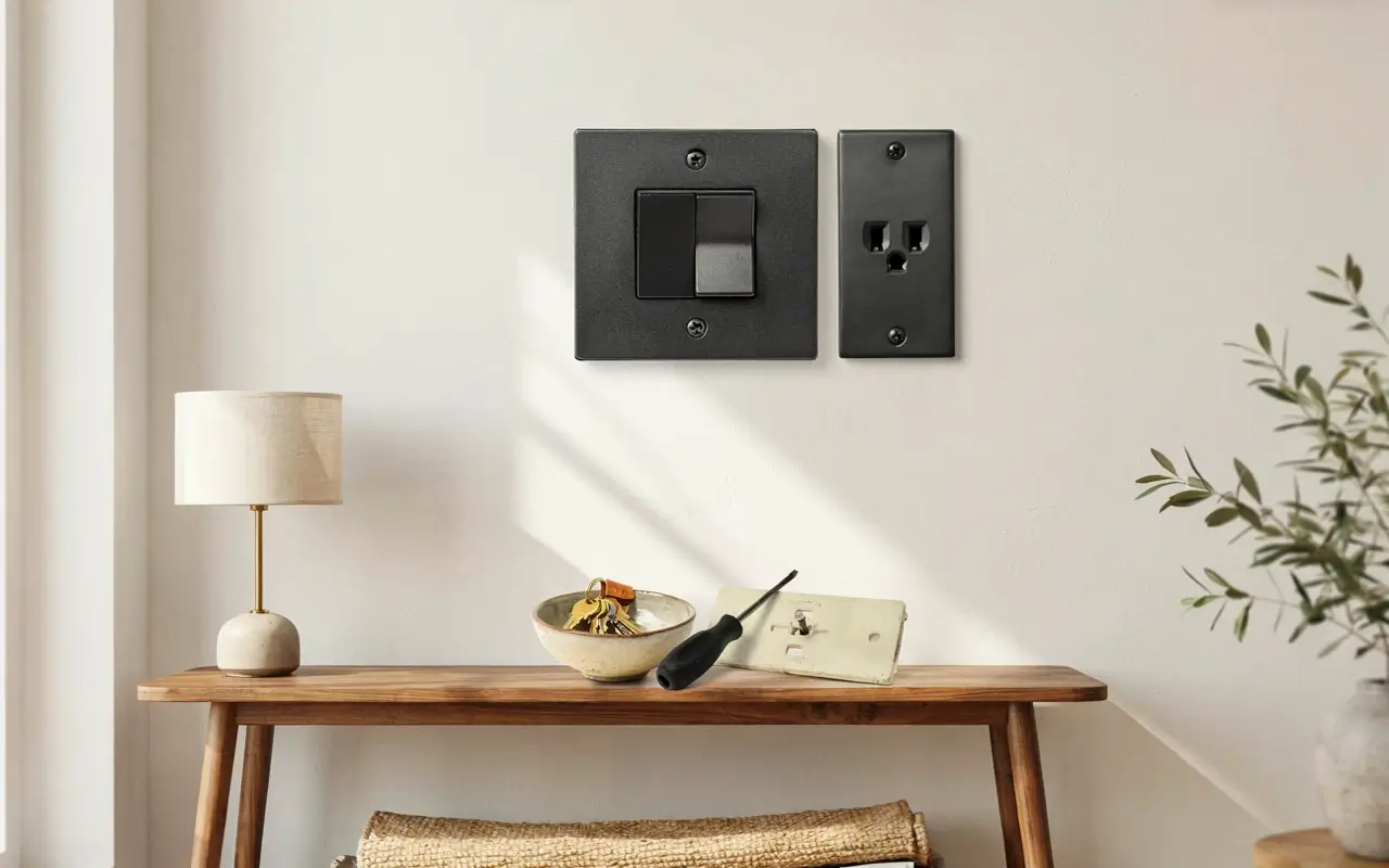 Modern matte black light switch and outlet covers installed on a white wall above a wooden console table in a minimalist entryway.