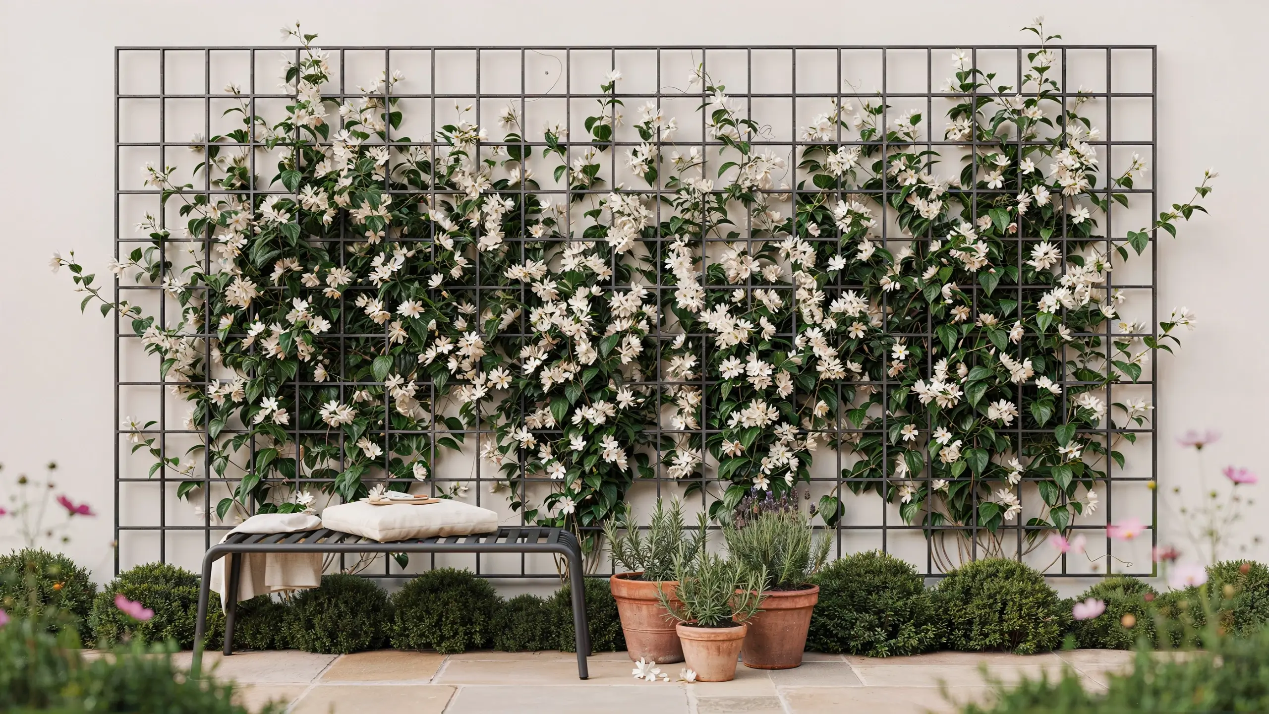 Modern black metal trellis panel climbing with white star jasmine flowers, featuring a minimalist garden bench and terracotta pots. 