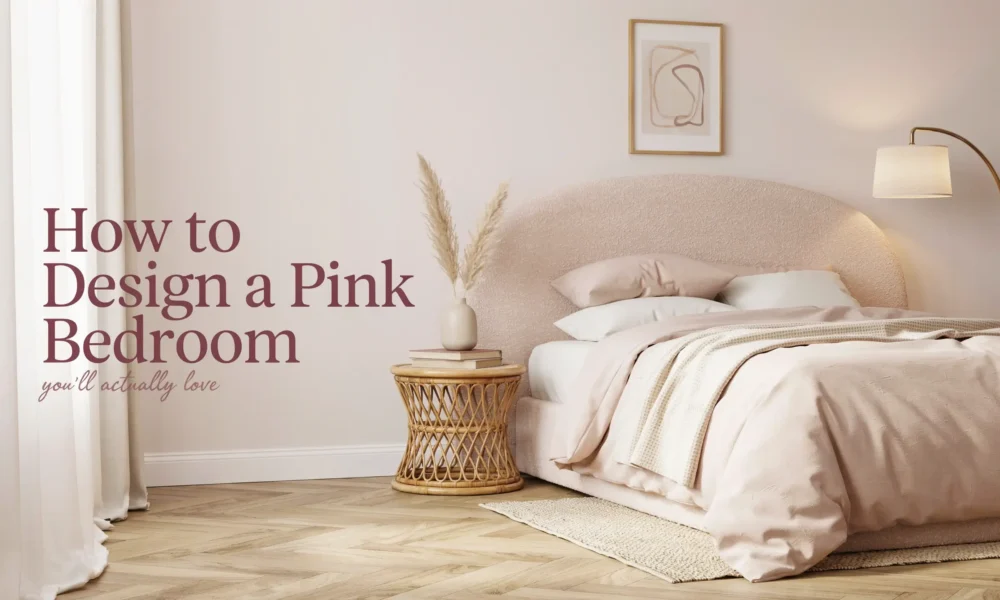 Modern blush pink bedroom design featuring a curved boucle headboard, beige bedding, rattan side table, pampas grass, and an arched floor lamp.