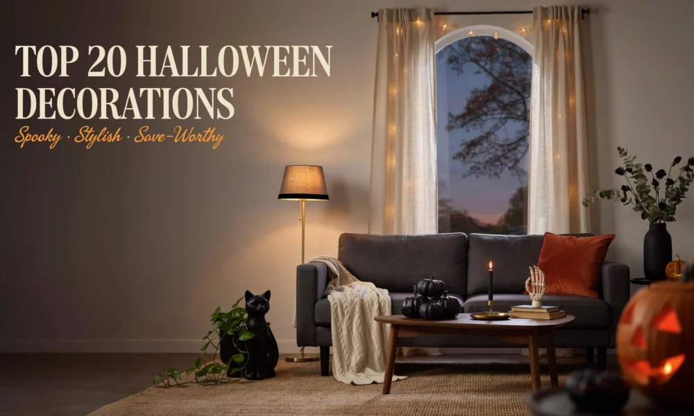 Modern cozy living room decorated for Halloween featuring a black cat statue, black pumpkins, a skeleton hand candle, a rust pillow, and a warm glowing jack-o'-lantern.