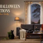Modern cozy living room decorated for Halloween featuring a black cat statue, black pumpkins, a skeleton hand candle, a rust pillow, and a warm glowing jack-o'-lantern.