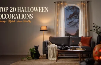 Modern cozy living room decorated for Halloween featuring a black cat statue, black pumpkins, a skeleton hand candle, a rust pillow, and a warm glowing jack-o'-lantern.