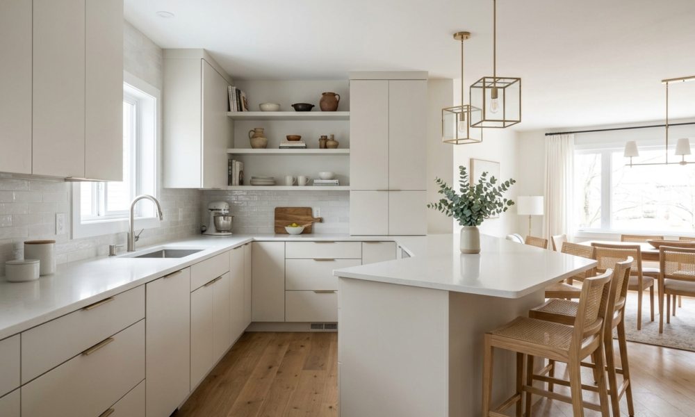Modern cream U-shaped kitchen with peninsula, open shelves, wood stools, brass pendants, and open dining area.