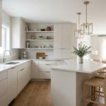 Modern cream U-shaped kitchen with peninsula, open shelves, wood stools, brass pendants, and open dining area.